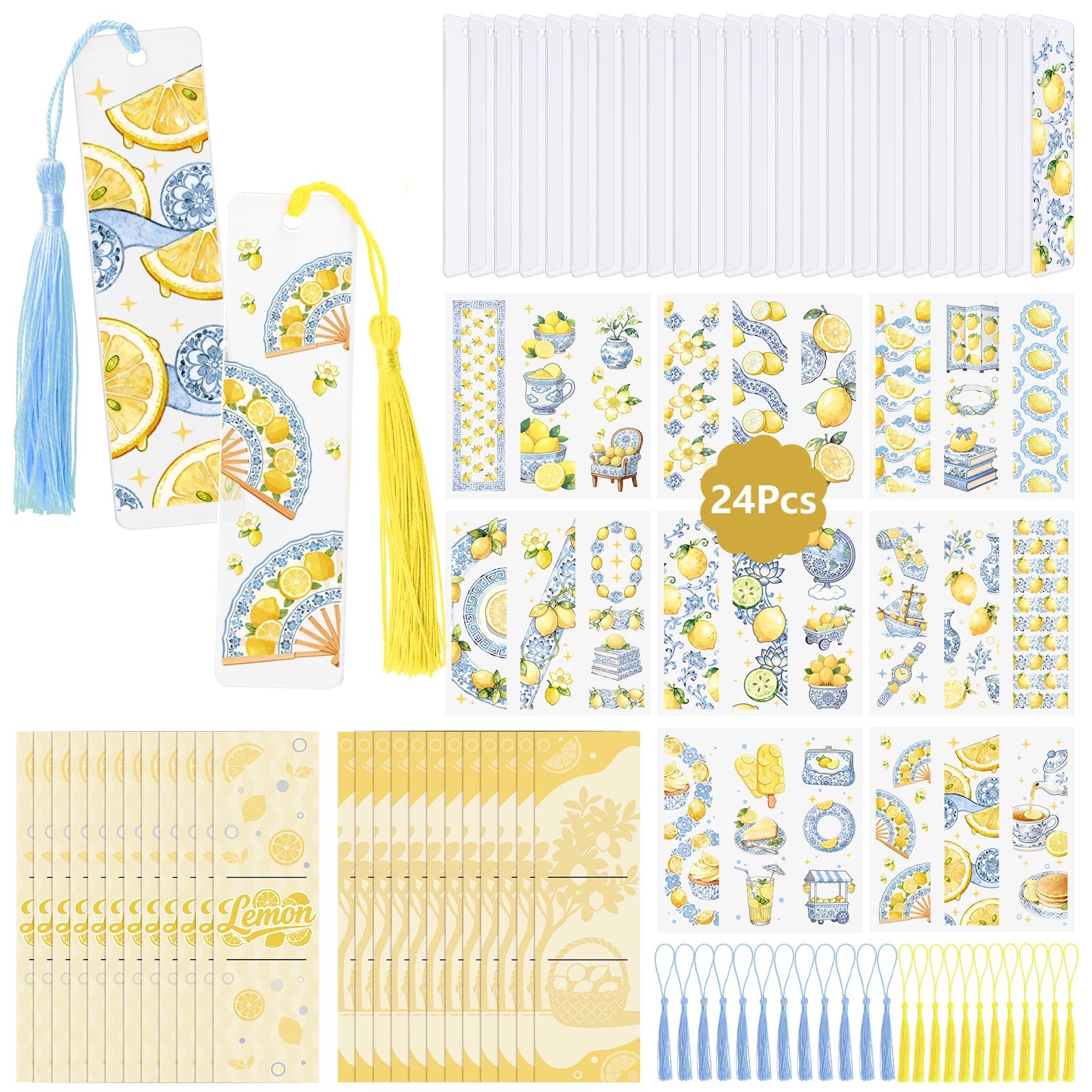 WANDIC 24Pcs Cartoon Lemon Theme Acrylic Bookmarks with UV DTF Transfer Stickers - DIY Waterproof Cartoon Lemon Design, Handcraft Scrapbooking Supplies with Tassels for Journaling Presents