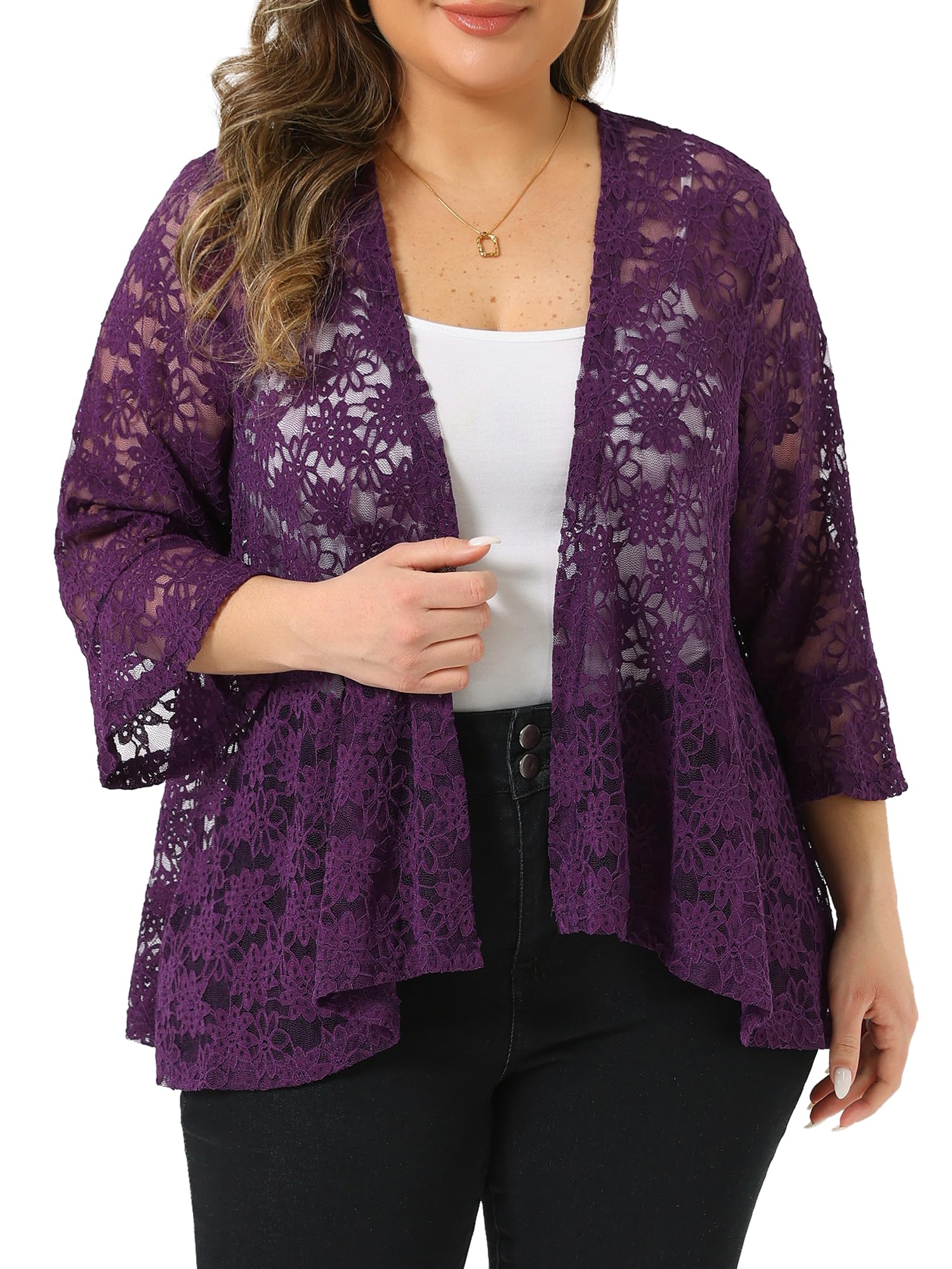 Agnes Orinda Plus Size Lace Cardigans for Women Open Front 3 4 Bell Sleeve Sheer Lace Crochet Formal