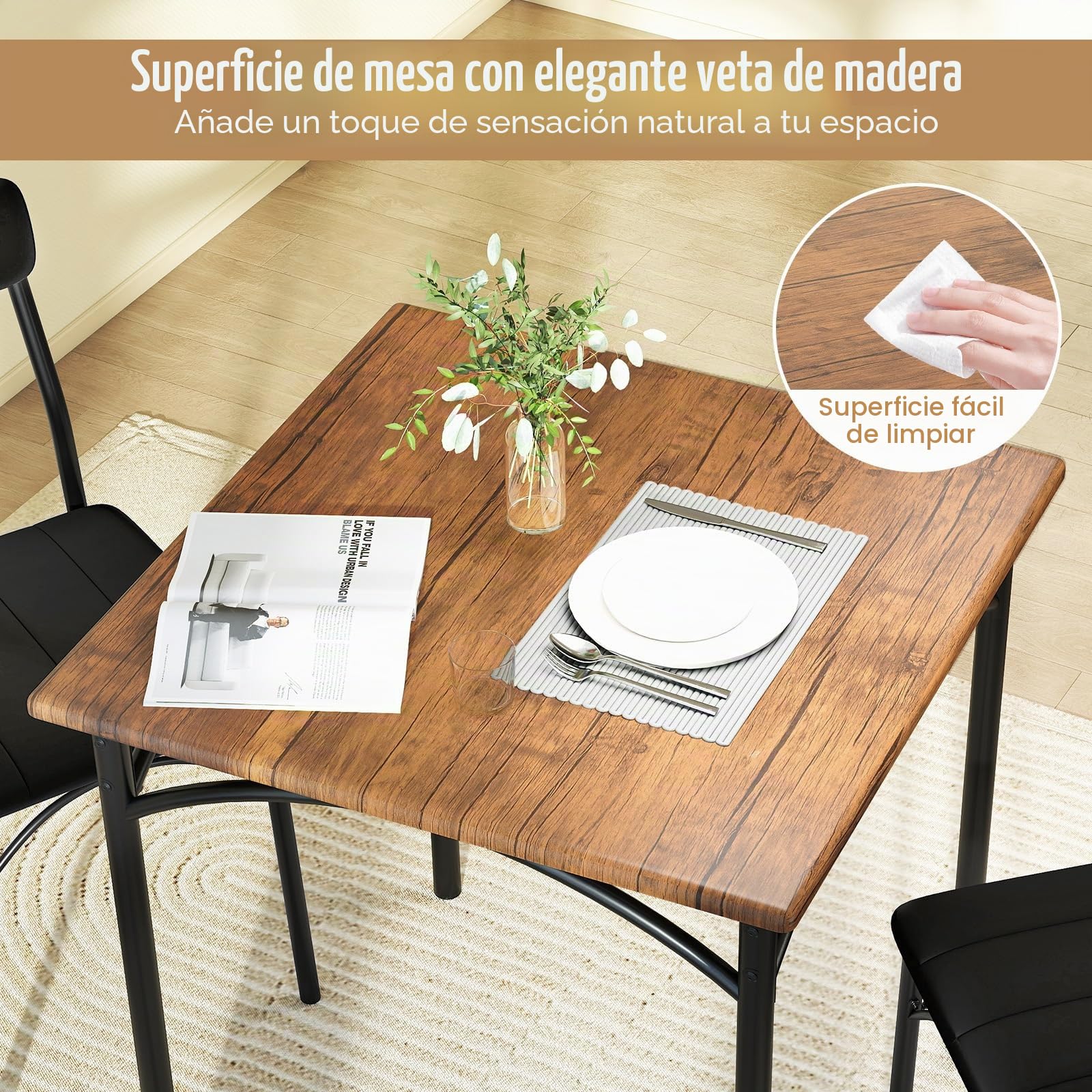GIANTEX Juego de Comedor 3 Piezas, Mesa de Comedor Cuadrada y 2 Sillas Acolchadas, Marco Metálico, para 2 Personas, Conjunto de Mesa y Sillas Compacto para Cocina, Bar, Cafetería