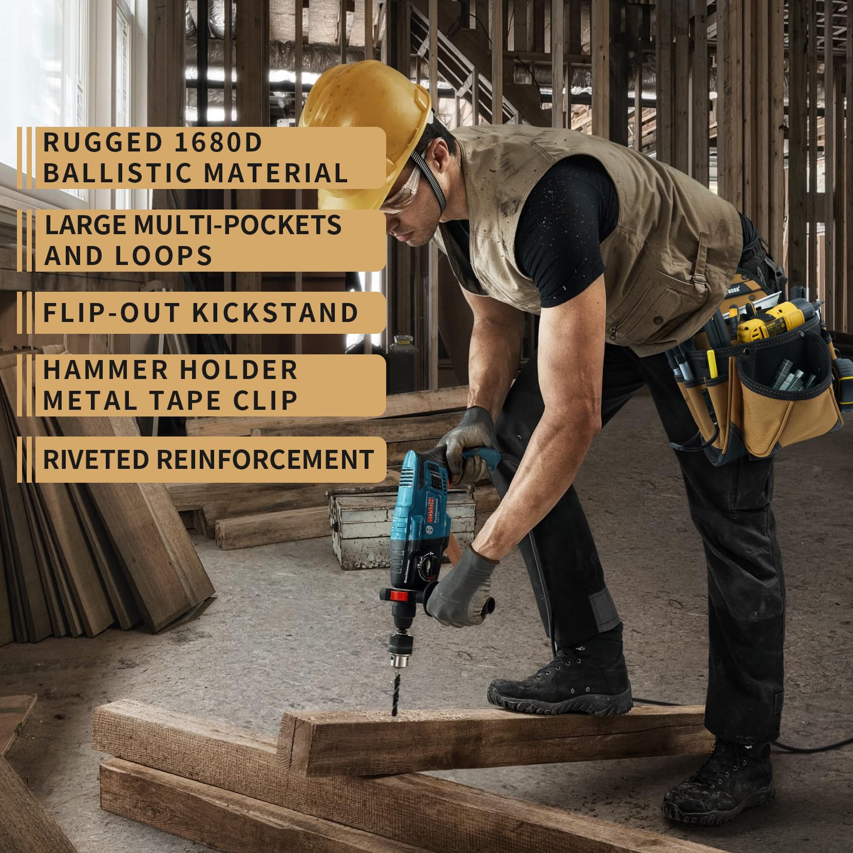 MELOTOUGH Borse da cintura per attrezzi da elettricista con clip da cintura Utility Tool Belt Organizer Pouch con cavalletto posteriore Hammer Holder