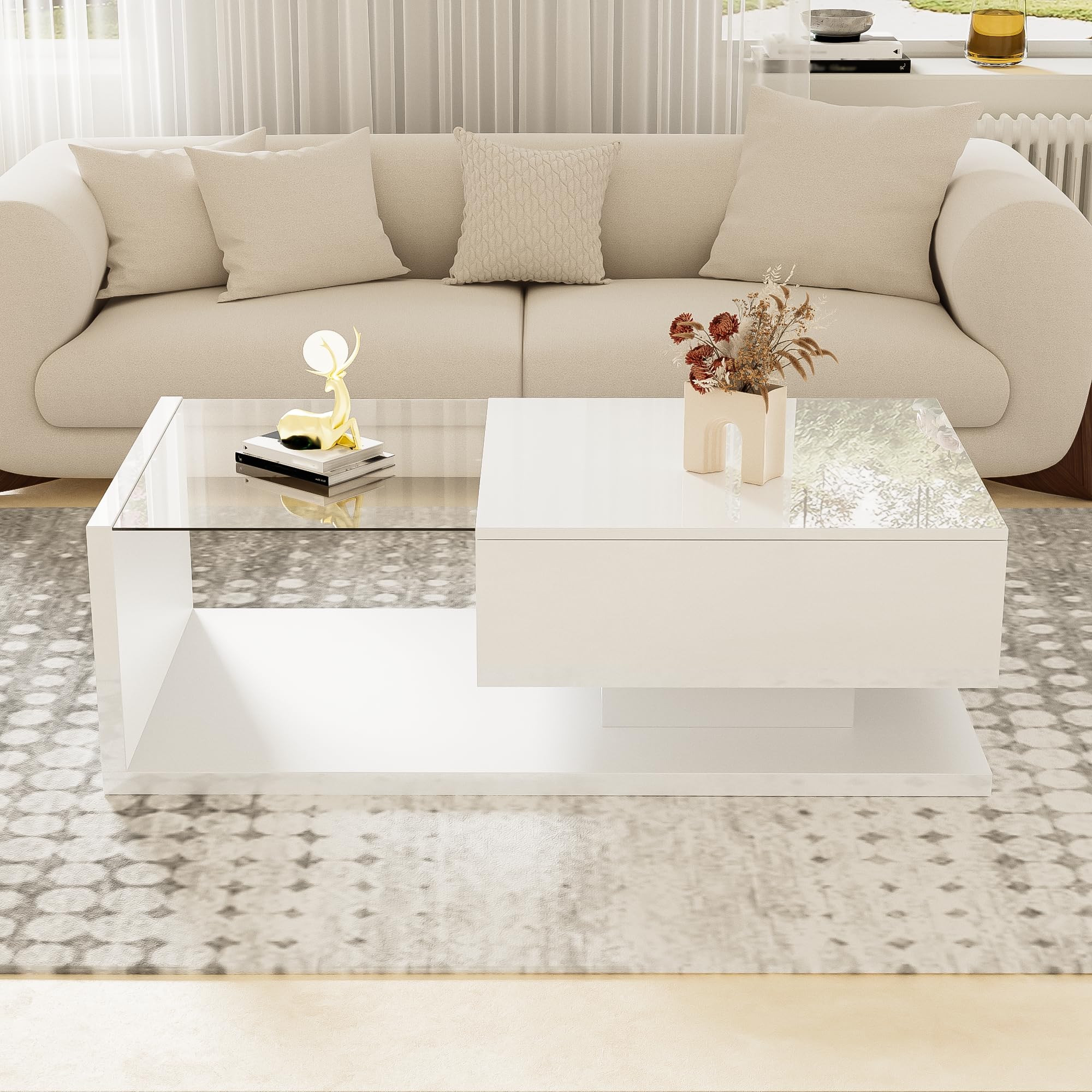 BTM Couchtisch, Hochglanz-Weiß. Beistelltische, Couchtische mit Glas und LED-Effekt