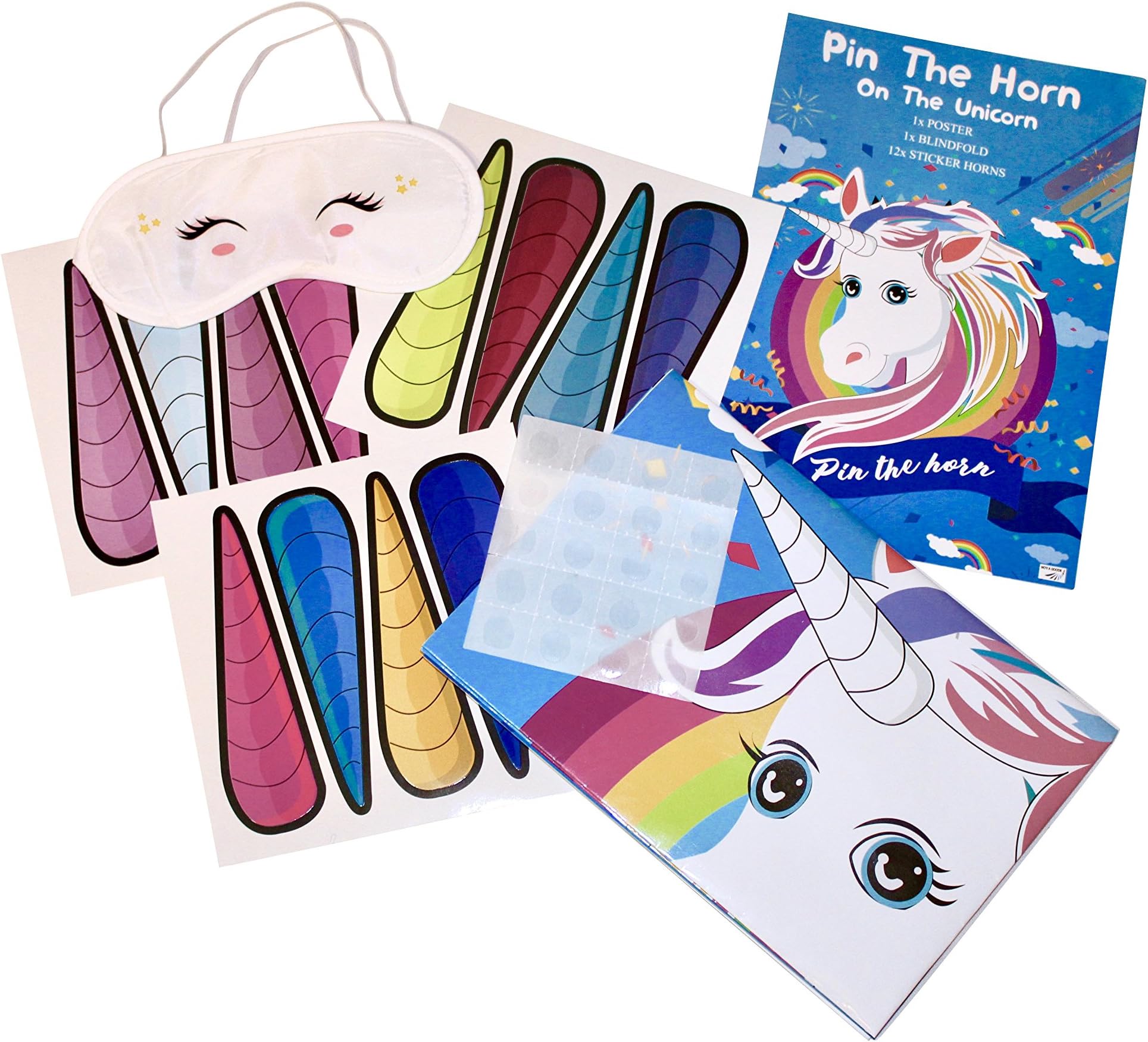 Pin the Horn on the Unicorn Party Favor Game ! Perfect Unicorn Gift for Girls Theme Birthday -Amazing Party Supplies for Kids Include 1 Large Unicorn Poster, 1 Eyeshade, 12 Reusable Stickers and more