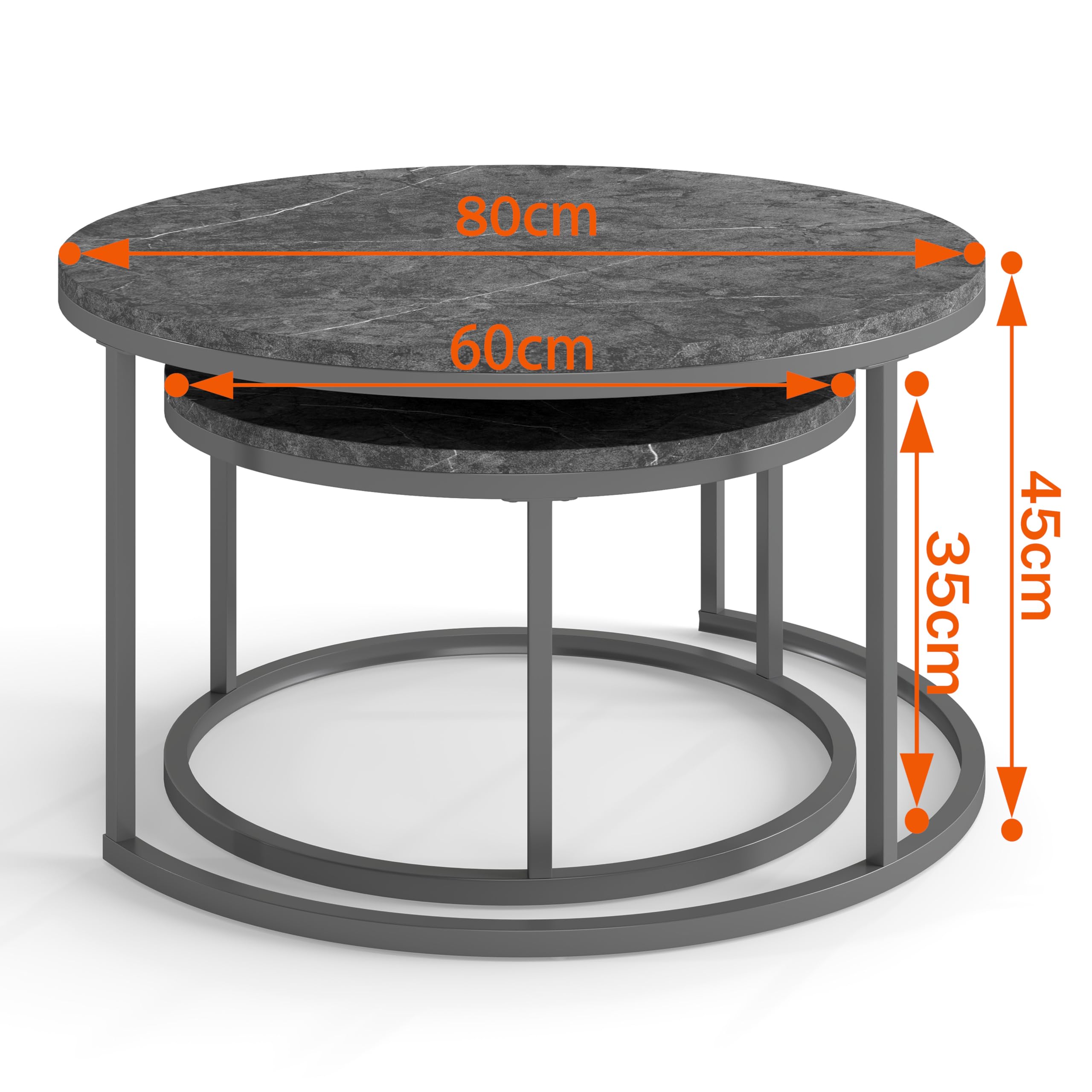 hitsuki Couchtisch Rund 2er Set, Marmor Couchtisch Grau Metallgestell Wohnzimmertisch Grau, Beistelltisch Metall，Satztische fürs Wohnzimmer, Schlafzimmer, Balkon (Schwarz & Schwarz)