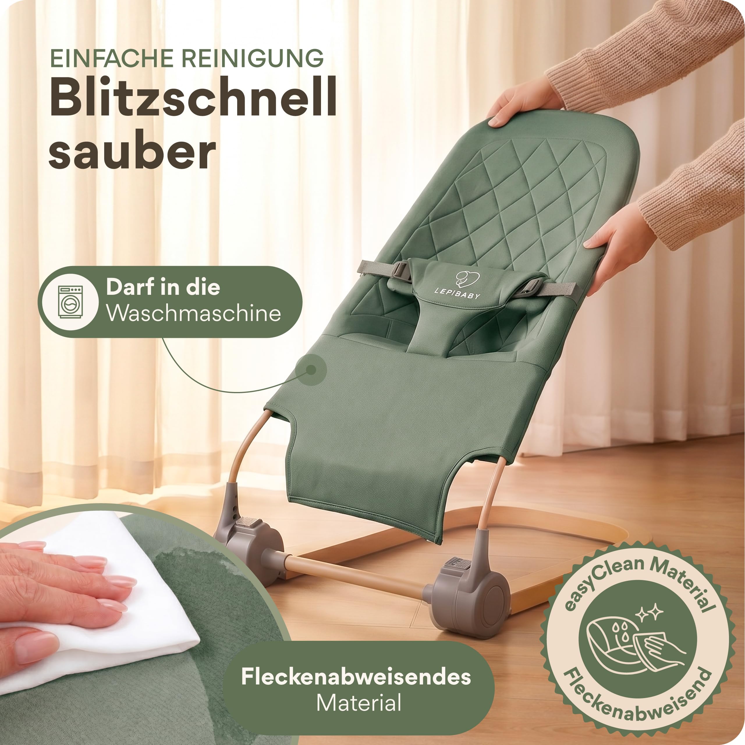Babywippe Neugeborene, 0 bis 12 Monate, Baby Wippe, Baby Bouncer | Faltbarer Baby Rocker, Babyschaukel mit Spielbogen, Verstellbare Babywiege, Baby Schaukel leicht waschbar, SamiBu Grün