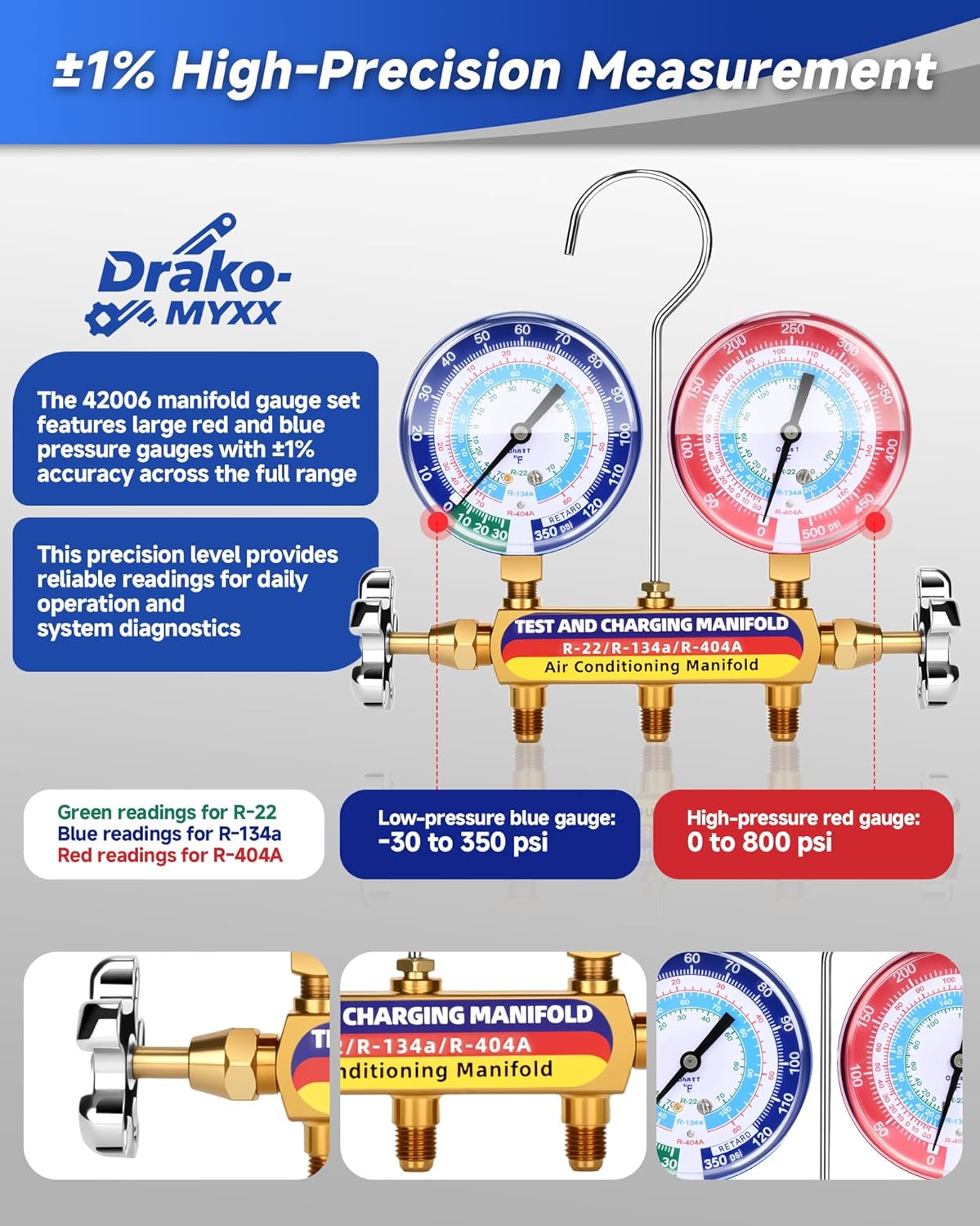 Upgraded New 42006 Test and Charge Manifold Set, with 3-1/8" (80 mm) Gauge, with 72" HVAC Hoses and Quick Coupler Adapters, 1/4" Standard Flared Fittings, Suitable for R-22/134A/404A, Toolbox