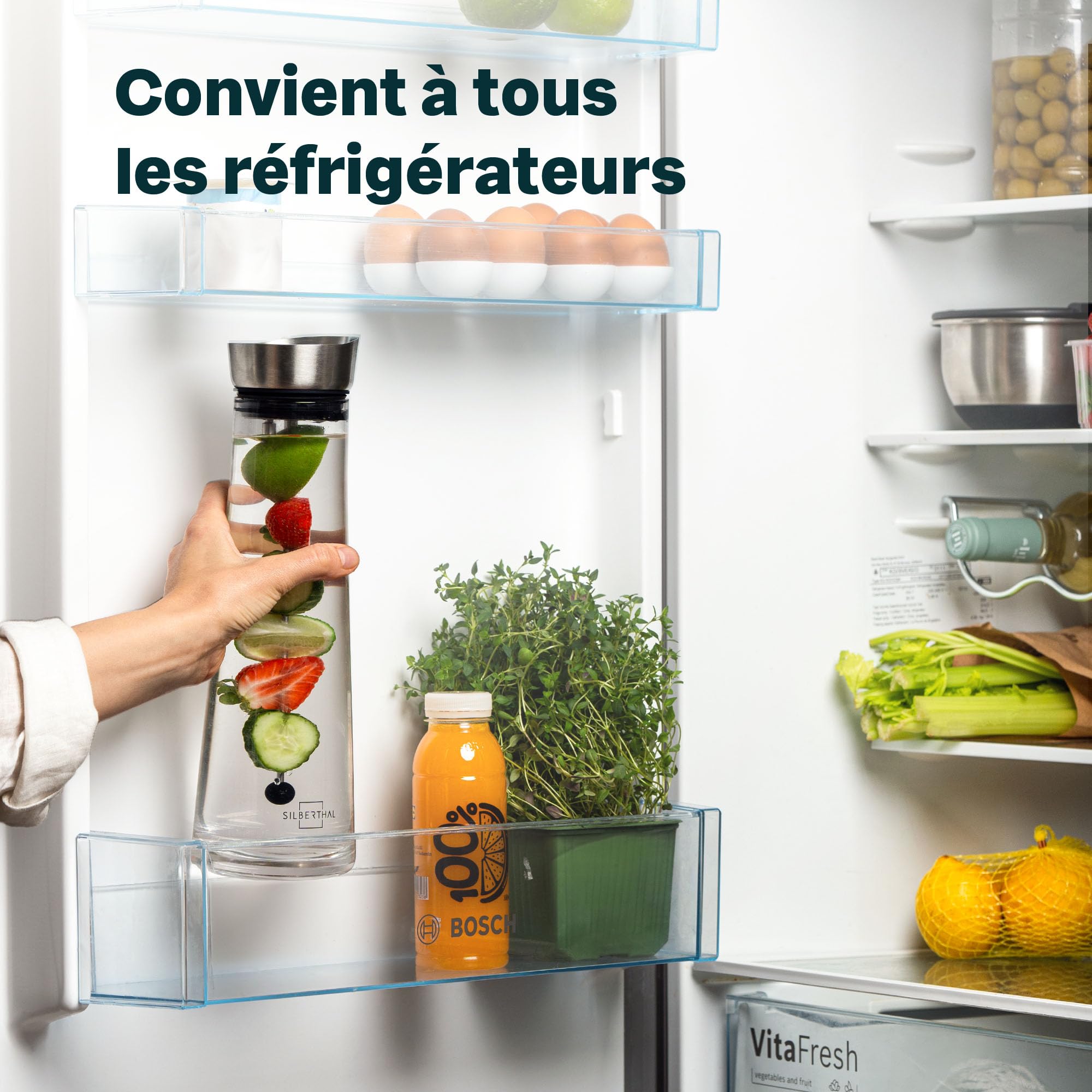 SILBERTHAL Bouteille En Verre Avec Couvercle Verseur En Inox - Infuseur Amovible - 1 litre - Pichet Eau Infusée Detox