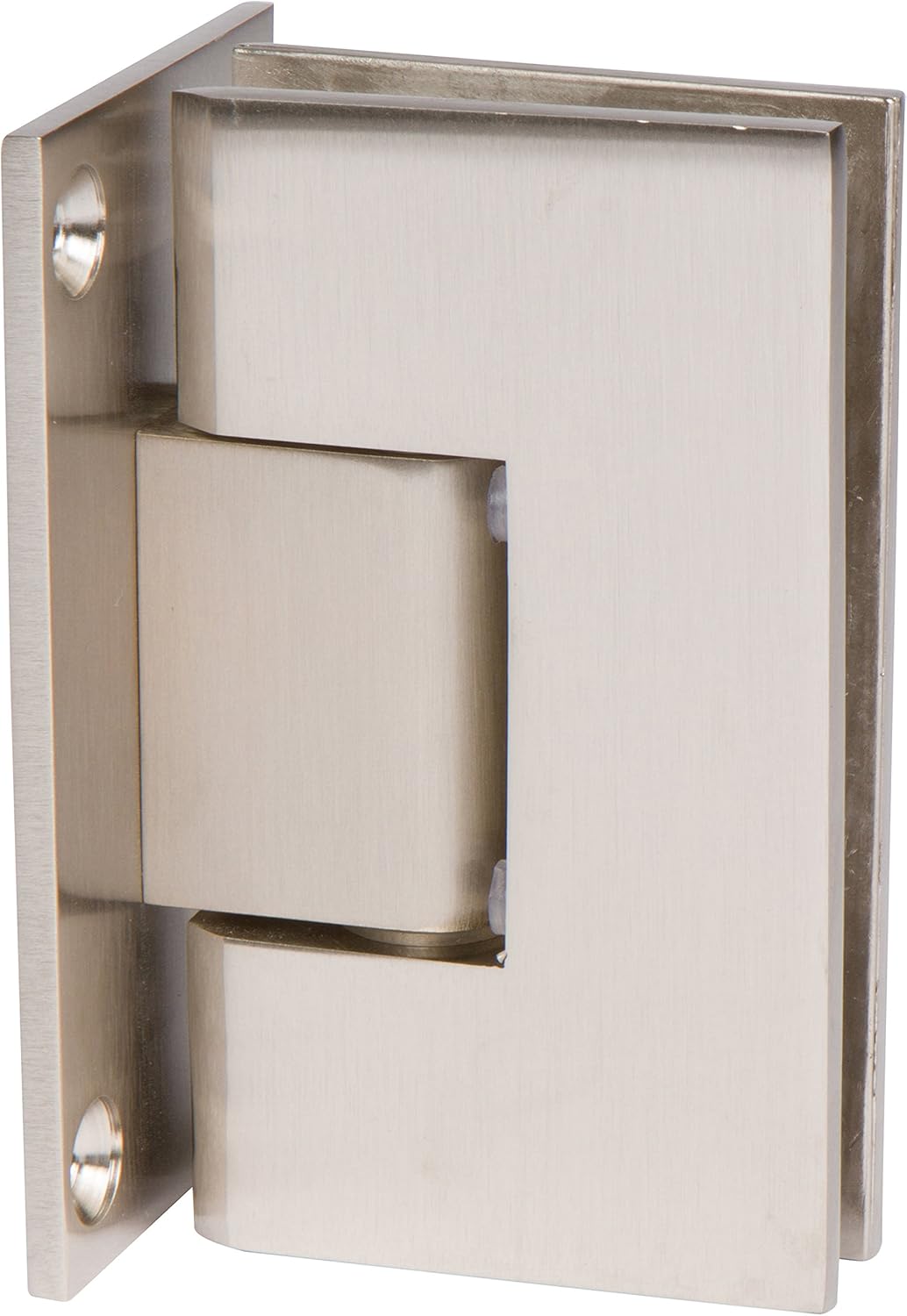 Rockwell Security Adjustable Square Corner Shower Hinge with Full Back Plate in Brushed Nickel Finish for Heavy Tempered Glass Shower Doors