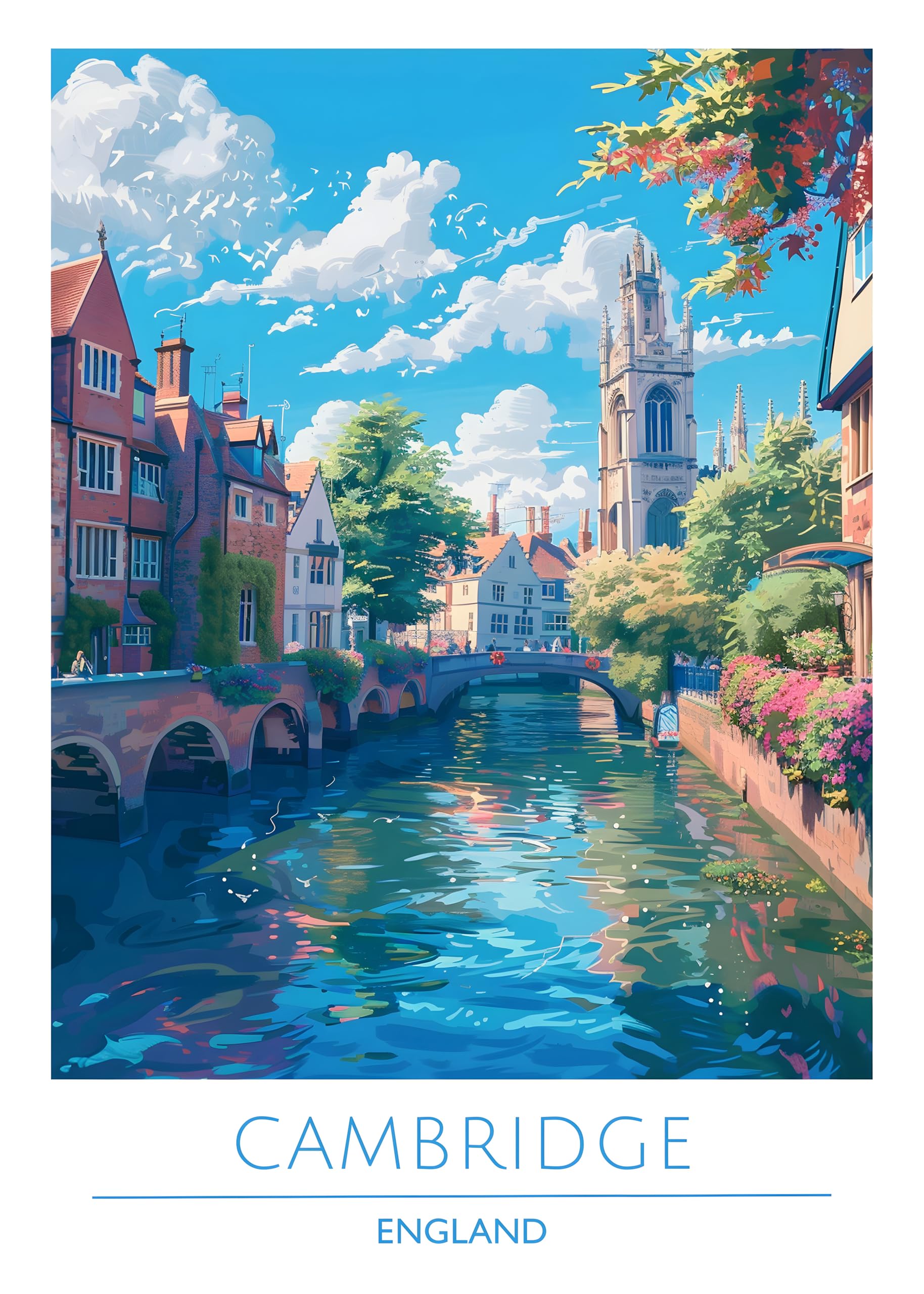 Iconic Cities Unframed A4 A3 Travel Poster Prints, Travel Wall Art, Home Décor, Paris New York Dubai Tokyo Rome Barcelona etc. (England, Cambridge, A3)