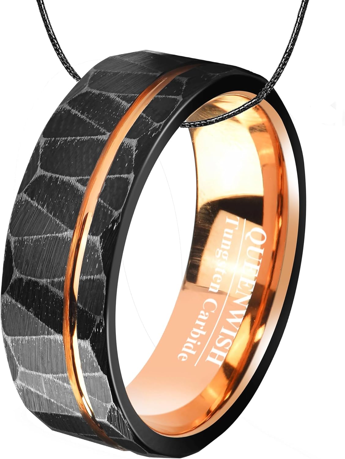 Black Meteorite Tungsten Wedding Bands Hammered Wedding Rings with Meteorite Fragments & Gold Foil Inlay – 8mm Faceted Ring Brushed Comfort Fit for Anniversary or Engagement Size 6-13 - Image 5