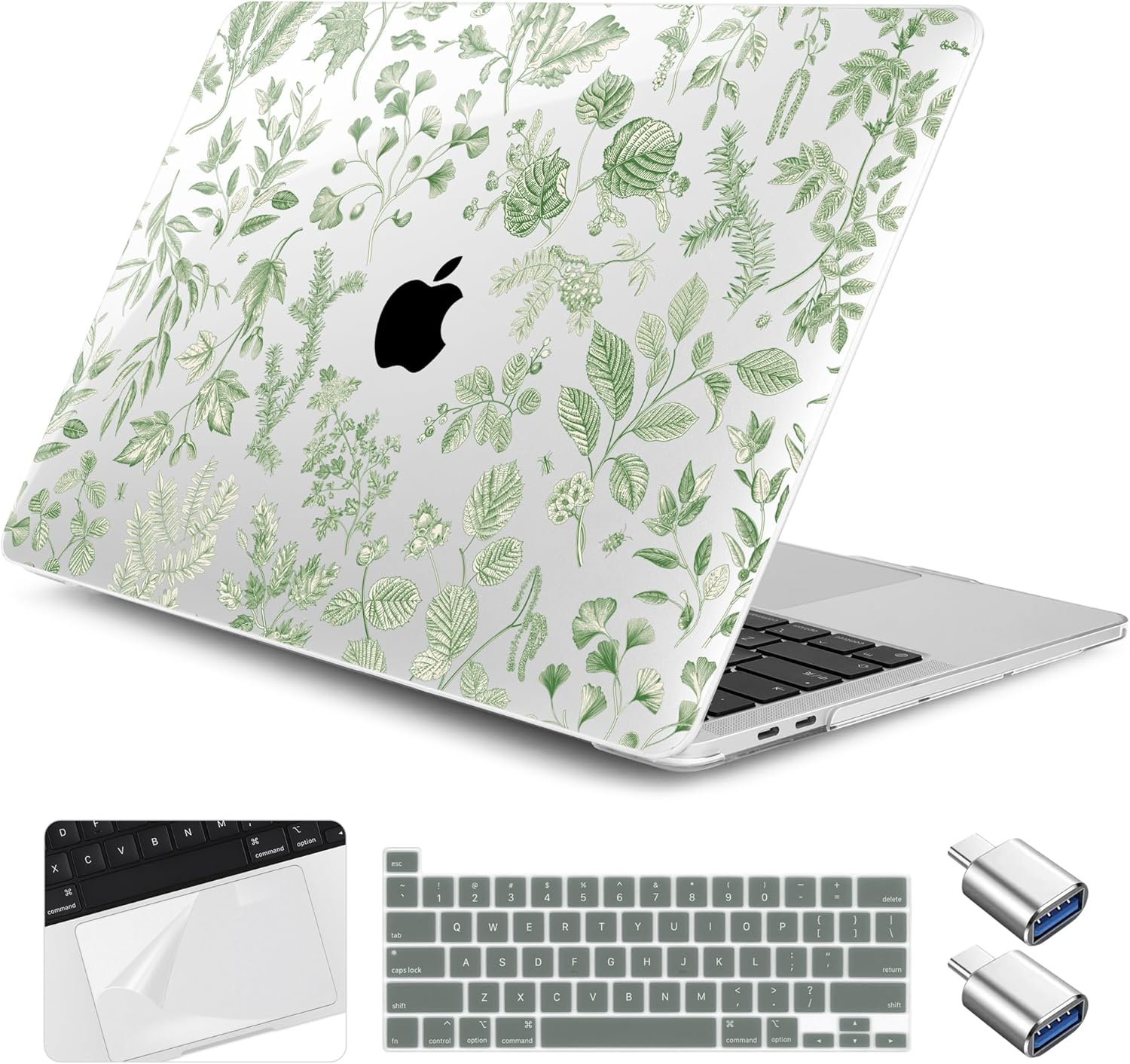 Case for MacBook Pro 13 inch M2 M1 2025-2022 2020 A2338 A2289 A2251, Plastic Hard Shell Laptop Case with Keyboard Cover, Trackpad Protector, 2 OTG Adapters, Leafy