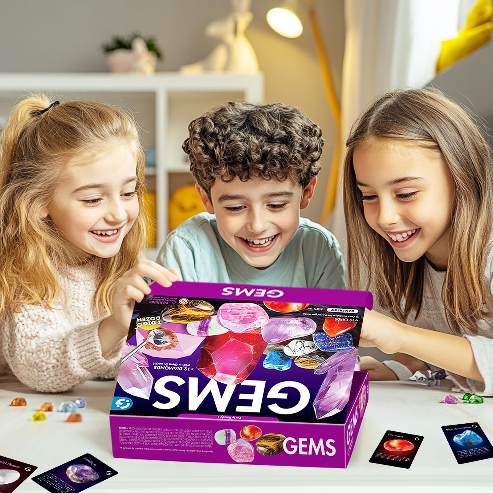 Gamerside Kit Excavation Enfant – 12 Pierres Précieuses Naturelles à Déterrer avec 12 Cartes d’Apprentissage, Coffret Pierre Précieuse Enfant Éducatif, pour Garçons et Filles de 6 à 12 Ans