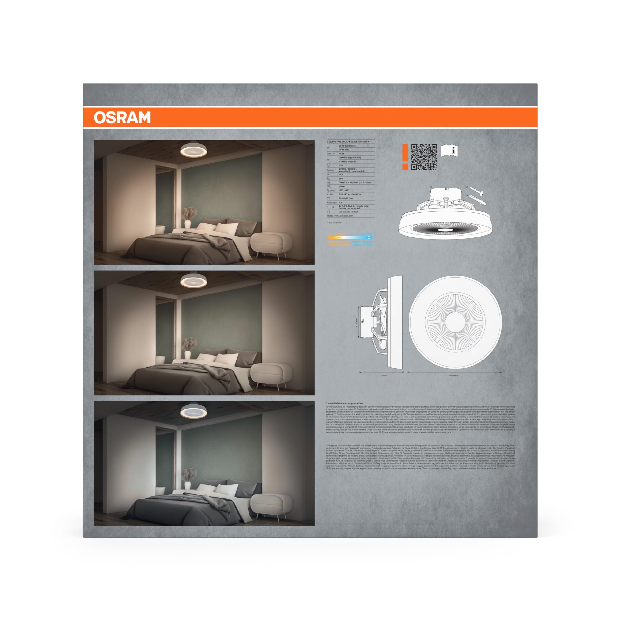 Wentylator sufitowy OSRAM 480 mm, 49 W LED ściemnialny, silnik DC 6 prędkości, zdalny timer, 1900 m³/h, 13-20 m²