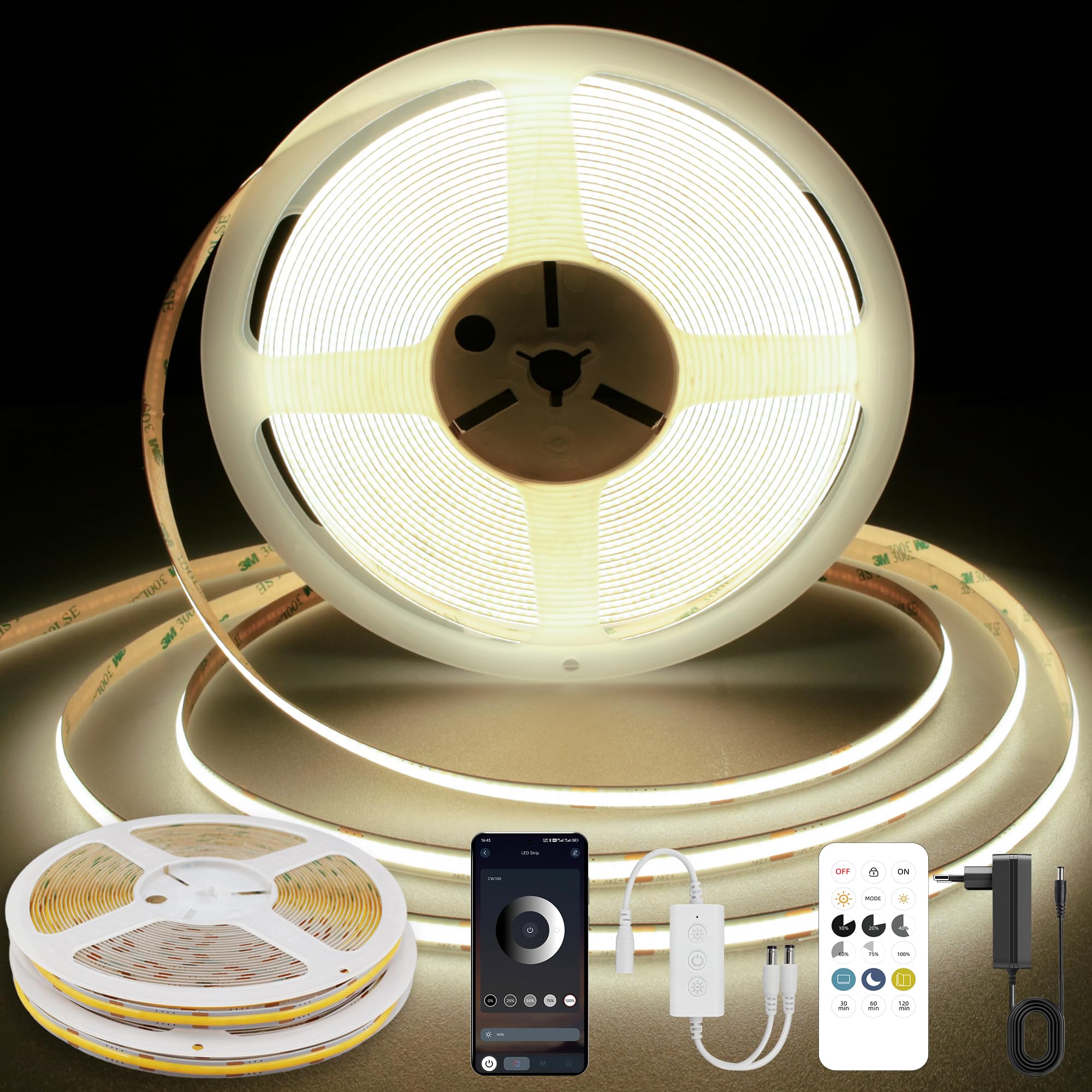 TTWAY COB LED Streifen 10M, LED Strip Naturweiß 4000K, 2x 5M Dimmbar 24V LED Streifen, CRI92, 8mm Breite, mit Fernbedienung und Netzteil, für Home Dekoration, Küche, Spiegel.