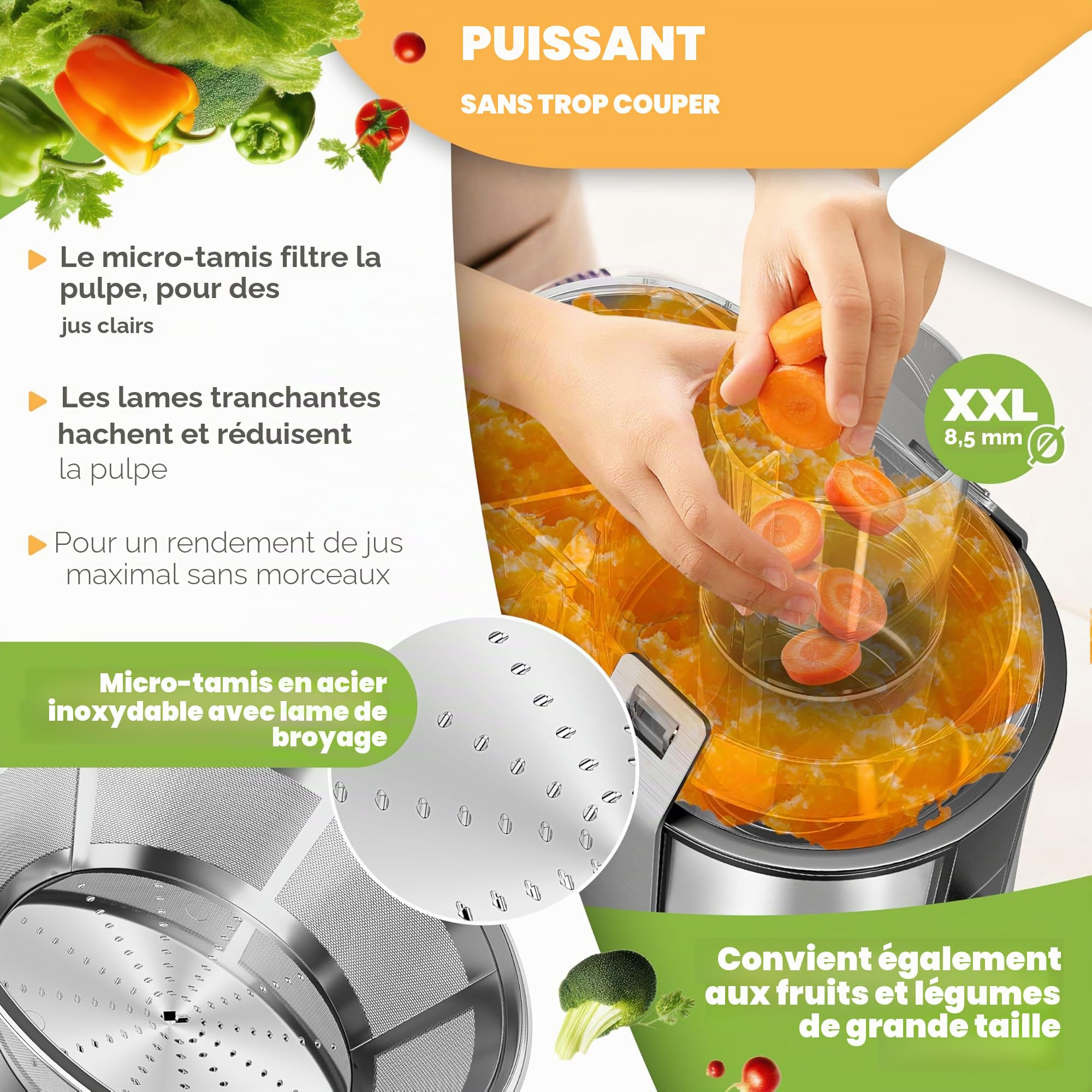 KESSER - Centrifugeuse en Inox Fruits et légumes 1100W, Extracteur de jus, Capacité 1L, Ouverture 85mm