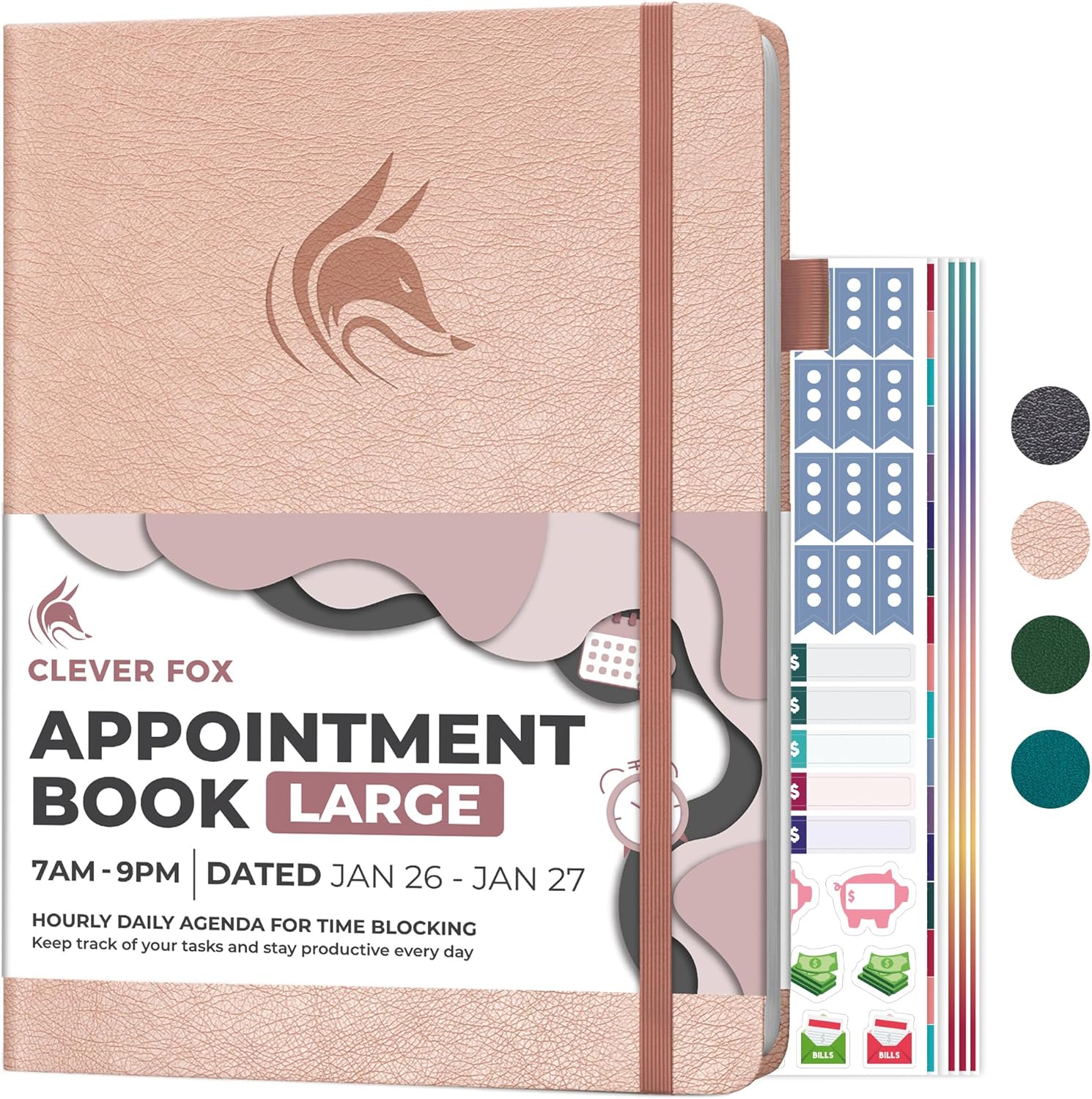 Clever Fox Appointment Book Dated Jan 2026-Jan 2027 – Hourly Schedule Planner with 15-Minute Increments – Time Box Planner for Daily Work & To-Dos – Hardcover, 8.3x11″ (Rose Gold)