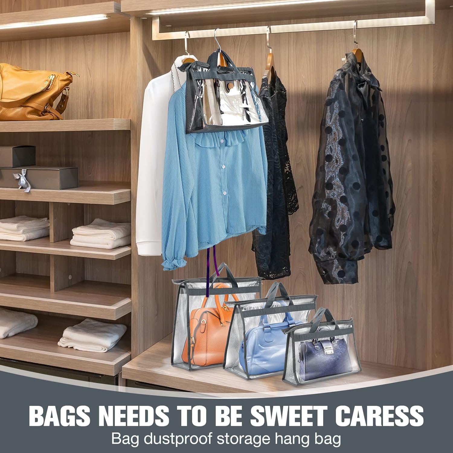 Chumia 20 Pack Dust Bags for Handbags Clear Handbag Storage Organizer, 3 Sizes Purse Storage Organizer for Closets Dust Cover Purse Protector Bag with Zipper and Handles with 25 Pcs S Hooks(Grey) - Image 7