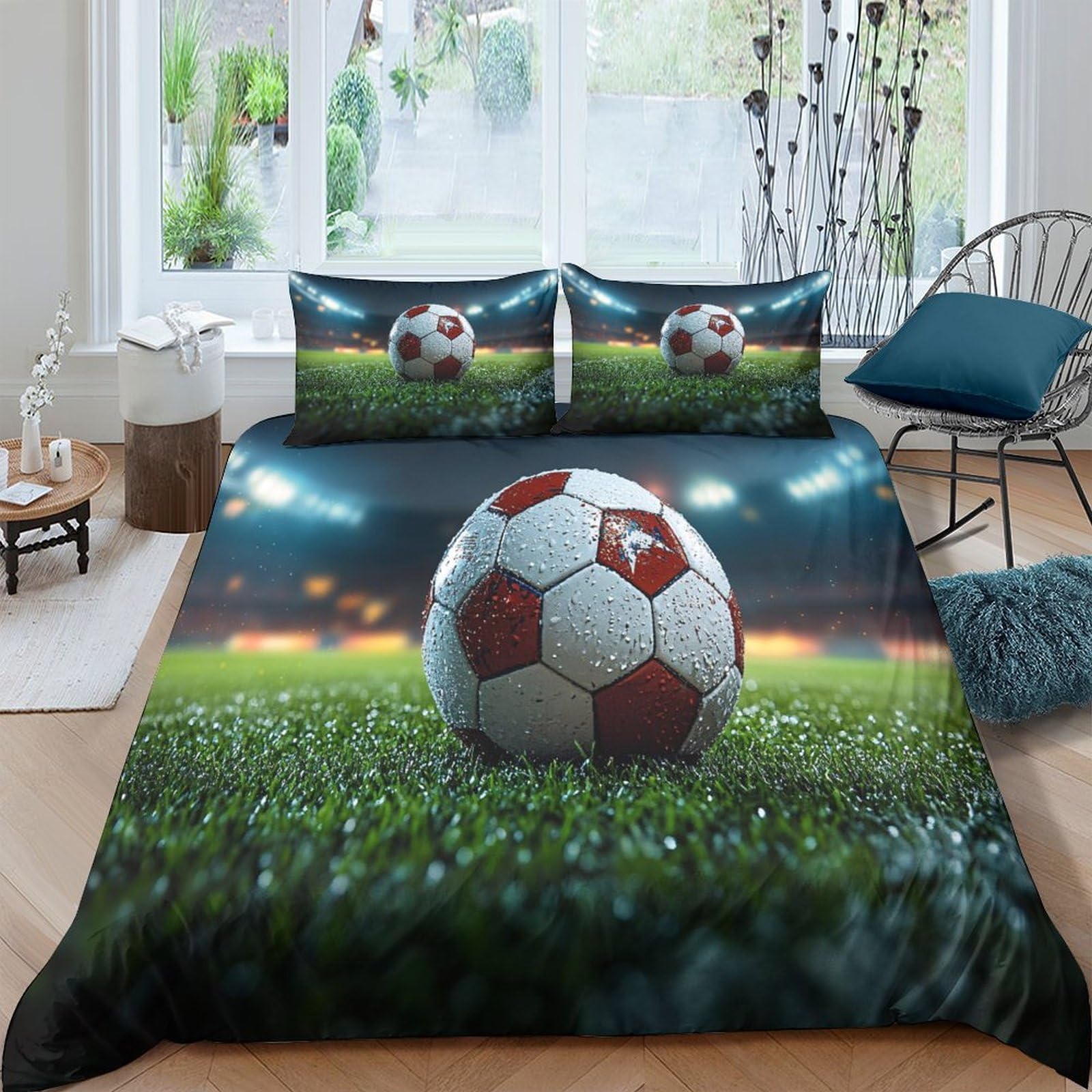 GPLZQXKJNH 3D Printed Football Stadium Duvet Cover Microfiber Breathable Soccer Field Bedding Set with 2 Pillowcases for Bedroom Decor Single（135x200cm）