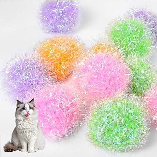 12 Pcs Cat Ball Toys, 2 Inch Sparkle Fuzzy Balls Interactive Cat Toy Soft Pom Pom Sparkle Fuzzy Balls Assorted Color