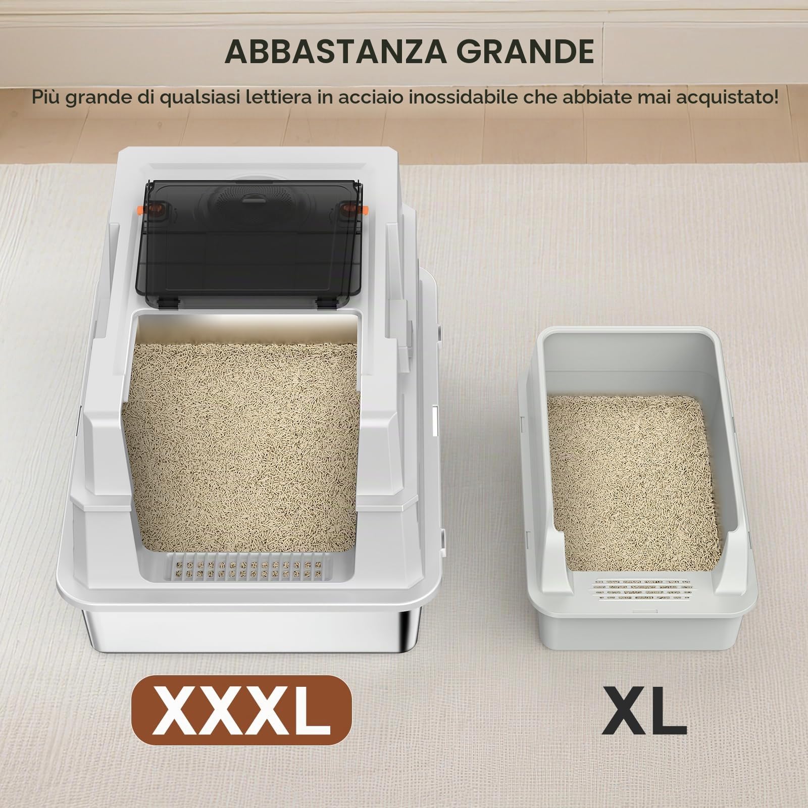 MIXJOY Lettiera per gatti in acciaio inox con coperchio, grande 71 x 51 x 42 cm, per gatti di taglia grande e per famiglie con più gatti, modalità chiusa, semiaperta e aperta, di grandi dimensioni con