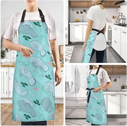 Miniatura 6 de Delantales de manatíes azules para mujeres y hombres con bolsillos, delantal impermeable para cocina, jardín, delantal de cocina ajustable para