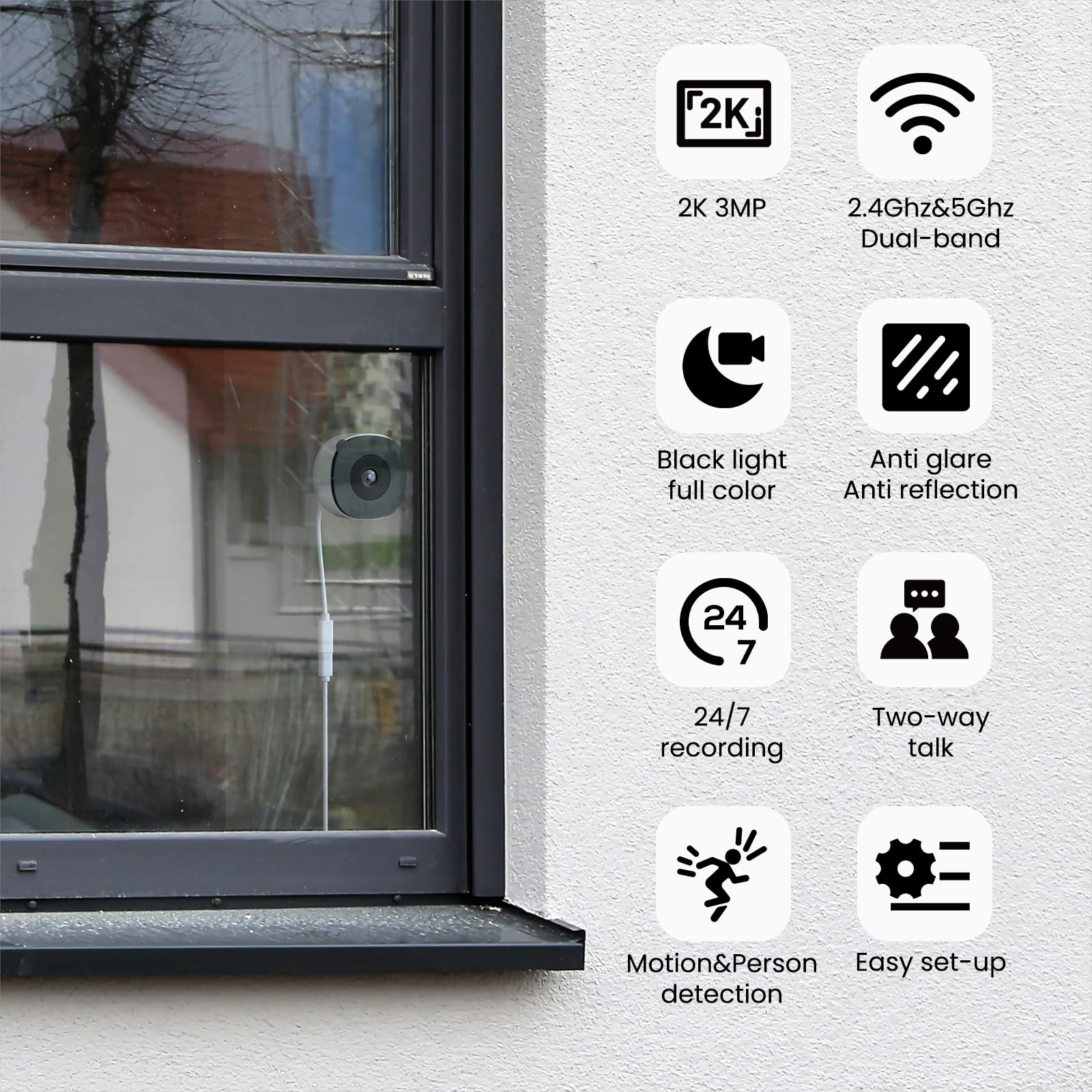 INFIYA 2K Window Camera, Security Camera, Dual Band WiFi Indoor Cameras for Home Security, Peel-and-Stick Installation, Human Detection, Night Vision, 24/7 Recording, K1 — view 2
