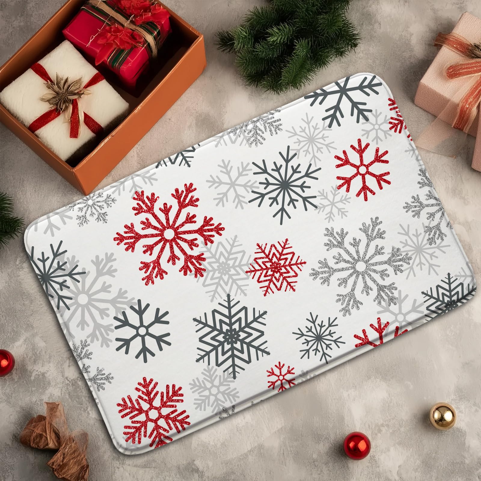 Red Snowflake Bath Mat Grey Christmas Modern Winter Holiday Happy New Year Bathroom Bathtub Floor Area Rugs Doormat