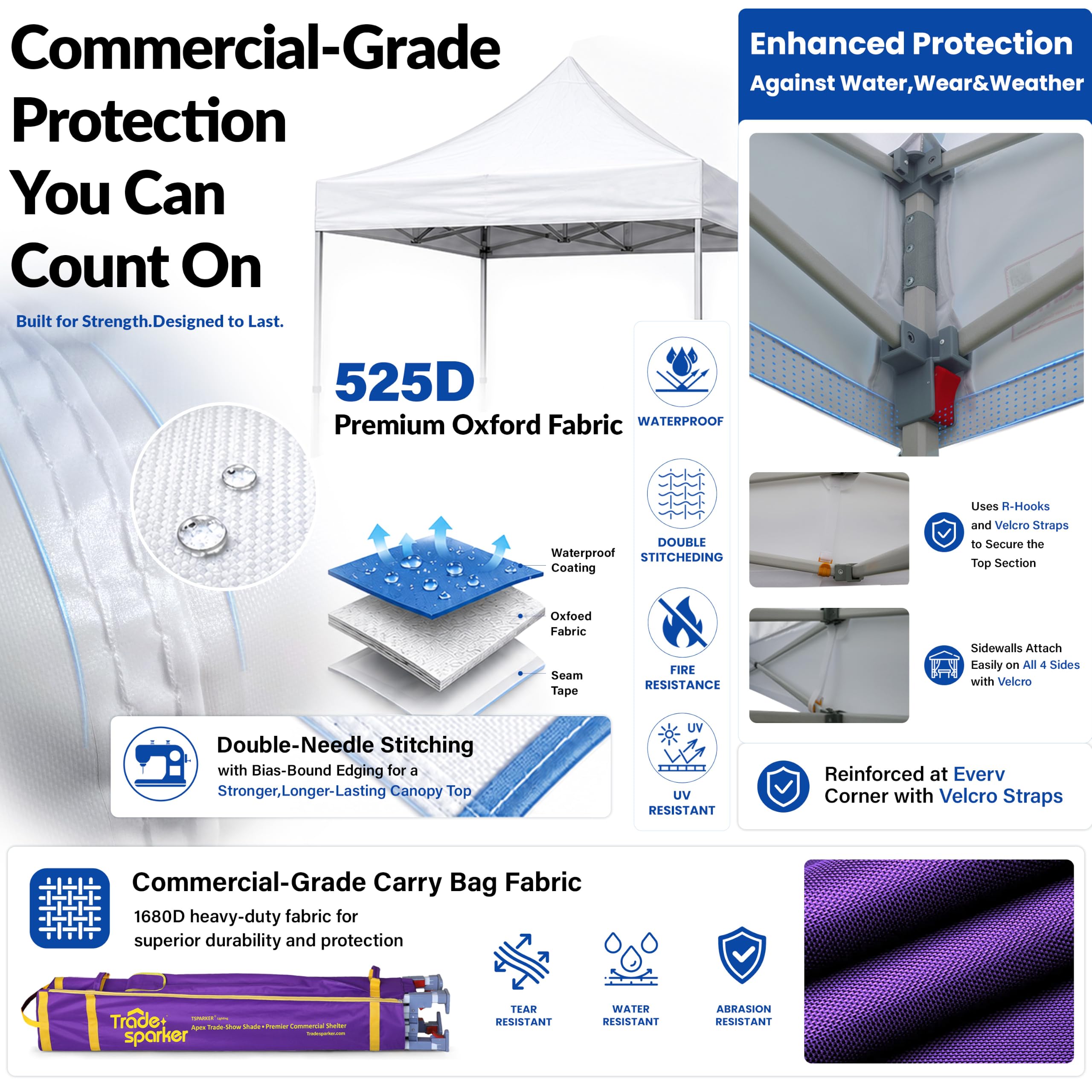 Tradesparker 10x10 Pop Up Canopy Tent,Commercial Movable Canopy with ApexCore LED&Rugged Casters-Instant Easy Setup Shelter Canopies with Weight Bags&Stakes for Outdoor Events Markets Vendors,Blue : Patio, Lawn & Garden