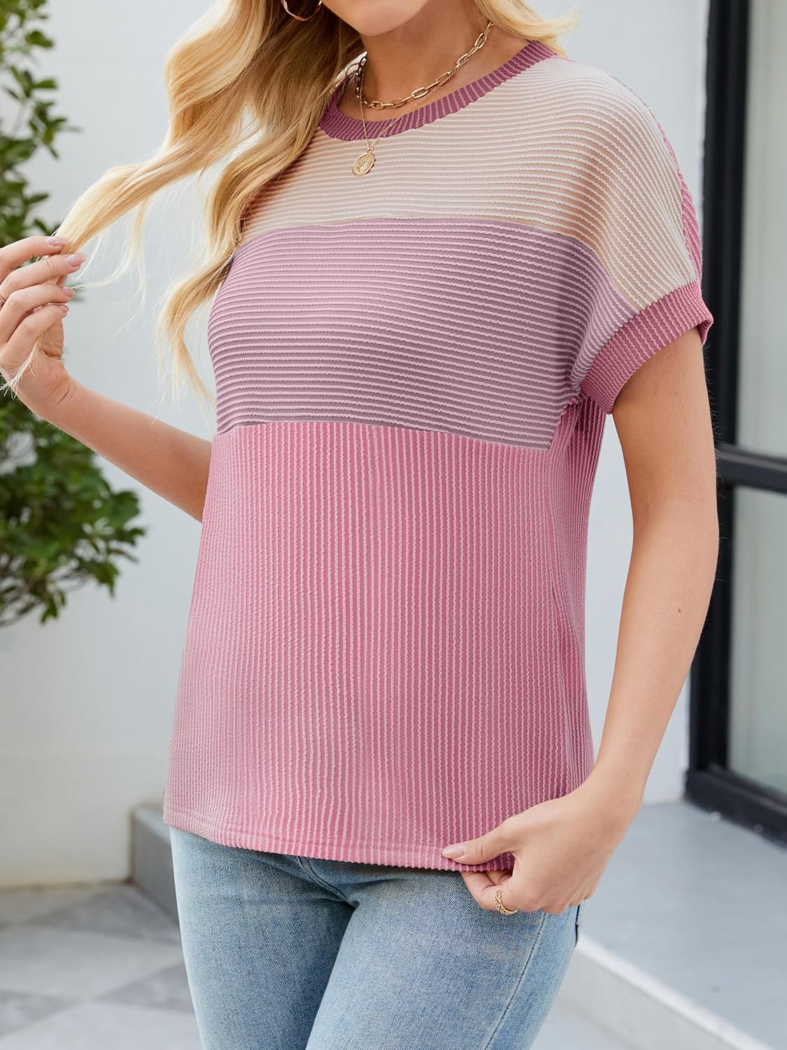 Womens Color Block T Shirts Tops Fashion Short Sleeve Crewneck Knitted Spring Summer Casual Loose Fit - Image 3
