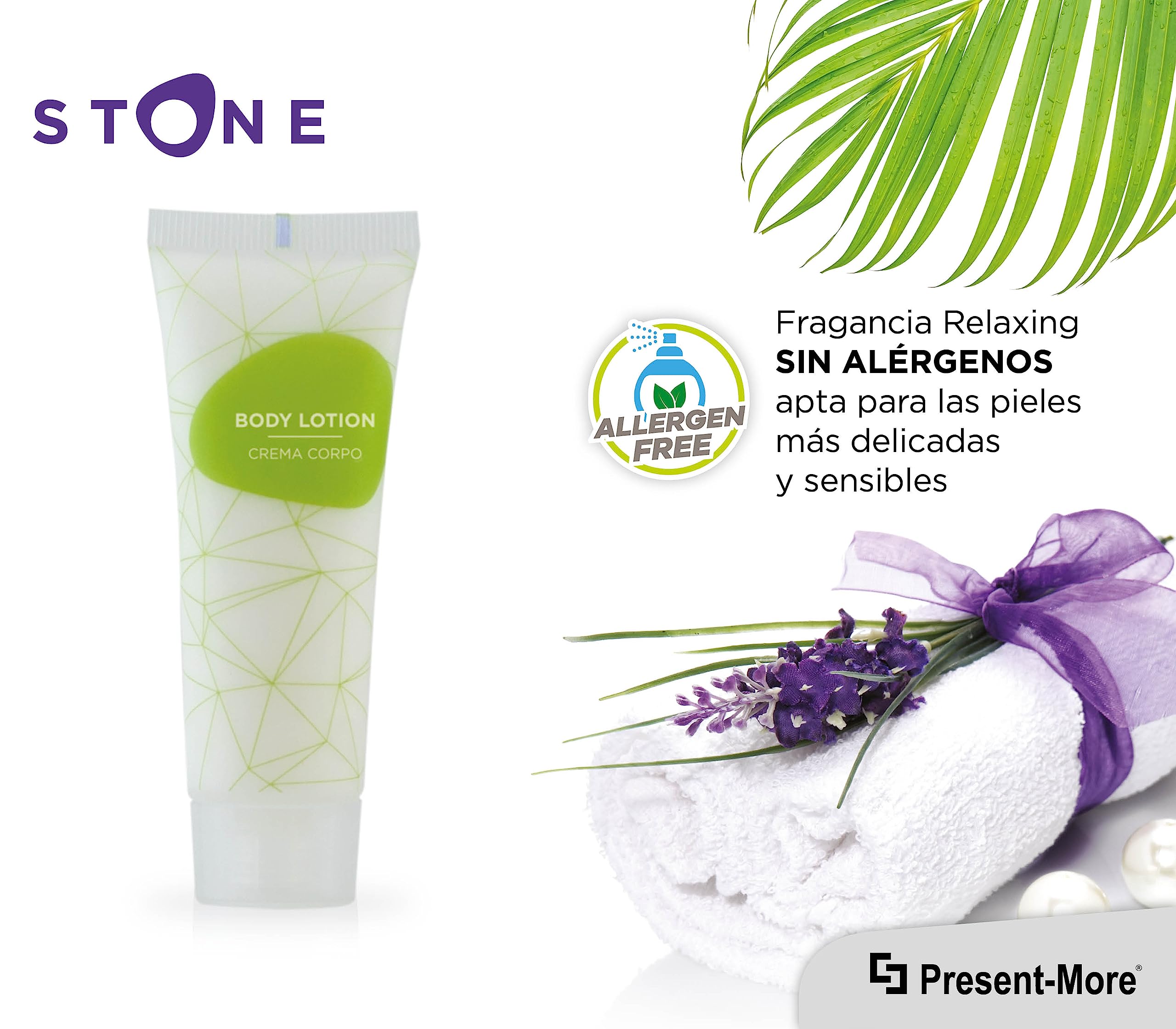 Present-More Crema corporal 30ml Stone - Crema cuerpo 250 unidades para Hoteles y B&B | Crema cuerpo sin alérgenos con fragancia Relaxing