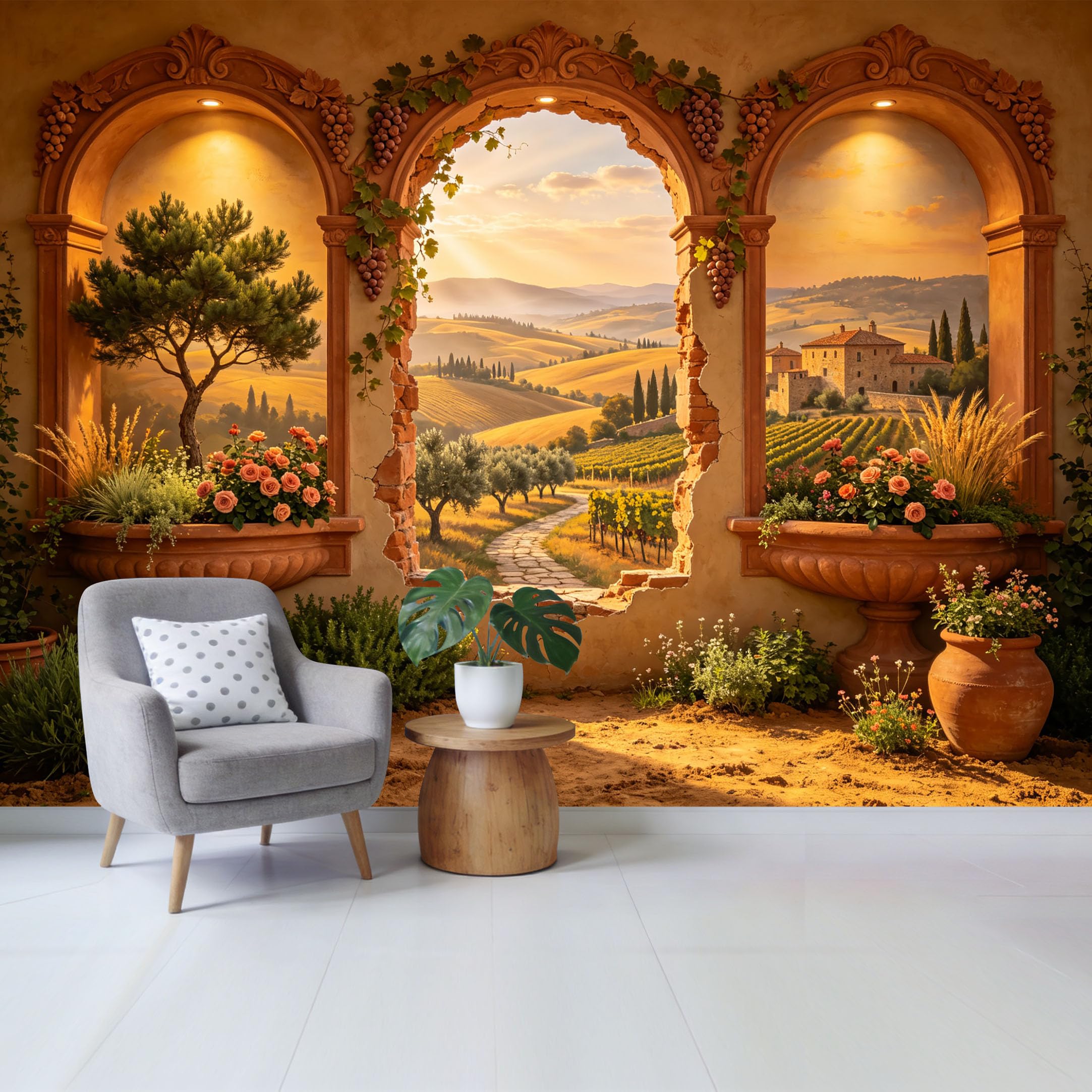 Removable Self Adhesive Fabric Mural， Tuscan Landscape Vineyard Custom Size Wall Covering， UV Protected Waterproof Washable Wall Decor for Living Room Bedroom Bathroom