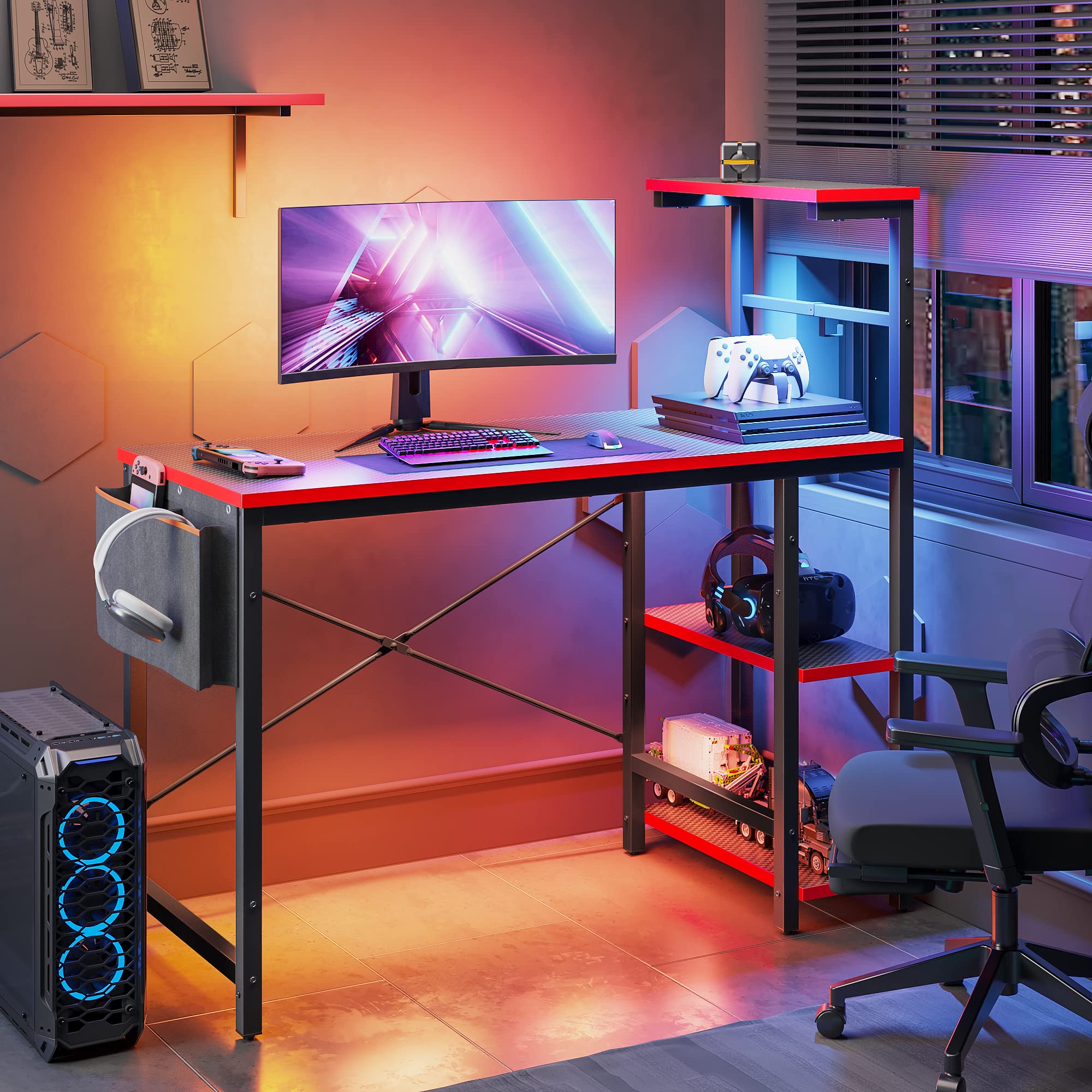 Bestier Gaming Desk with LED Lights, Computer Desk with 4 Tiers Shelves, 44 Inch Office Desk