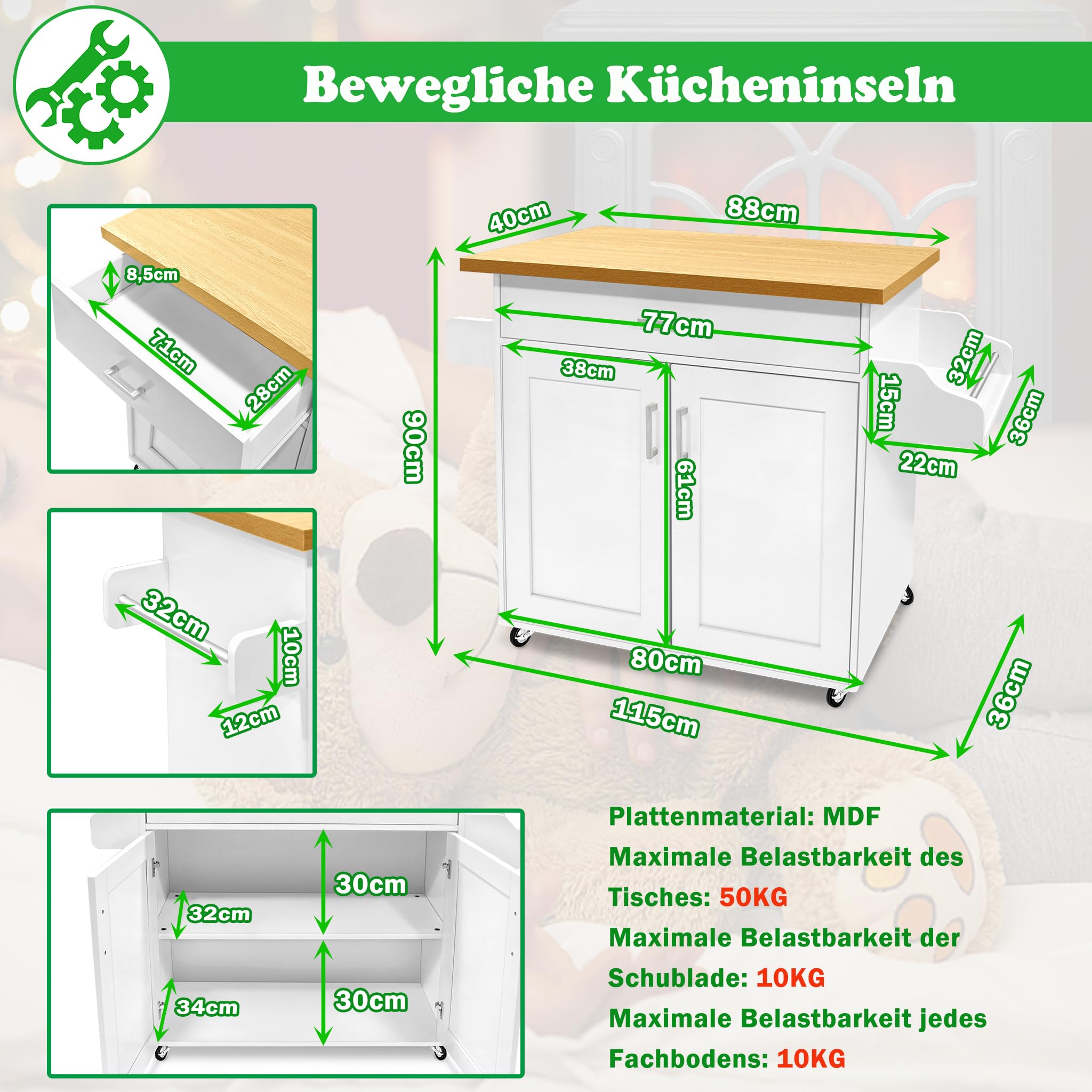 SUBTLETY 115x36x90cm Bewegliche Kücheninseln MDF Arbeitsplatte Küchenwagen mit Rollen, Schublade, Ablage, Handtuchhalter & Gewürzboard Rollwagen Belastbarkeit bis 50KG Esswagen für Party (Weiß)