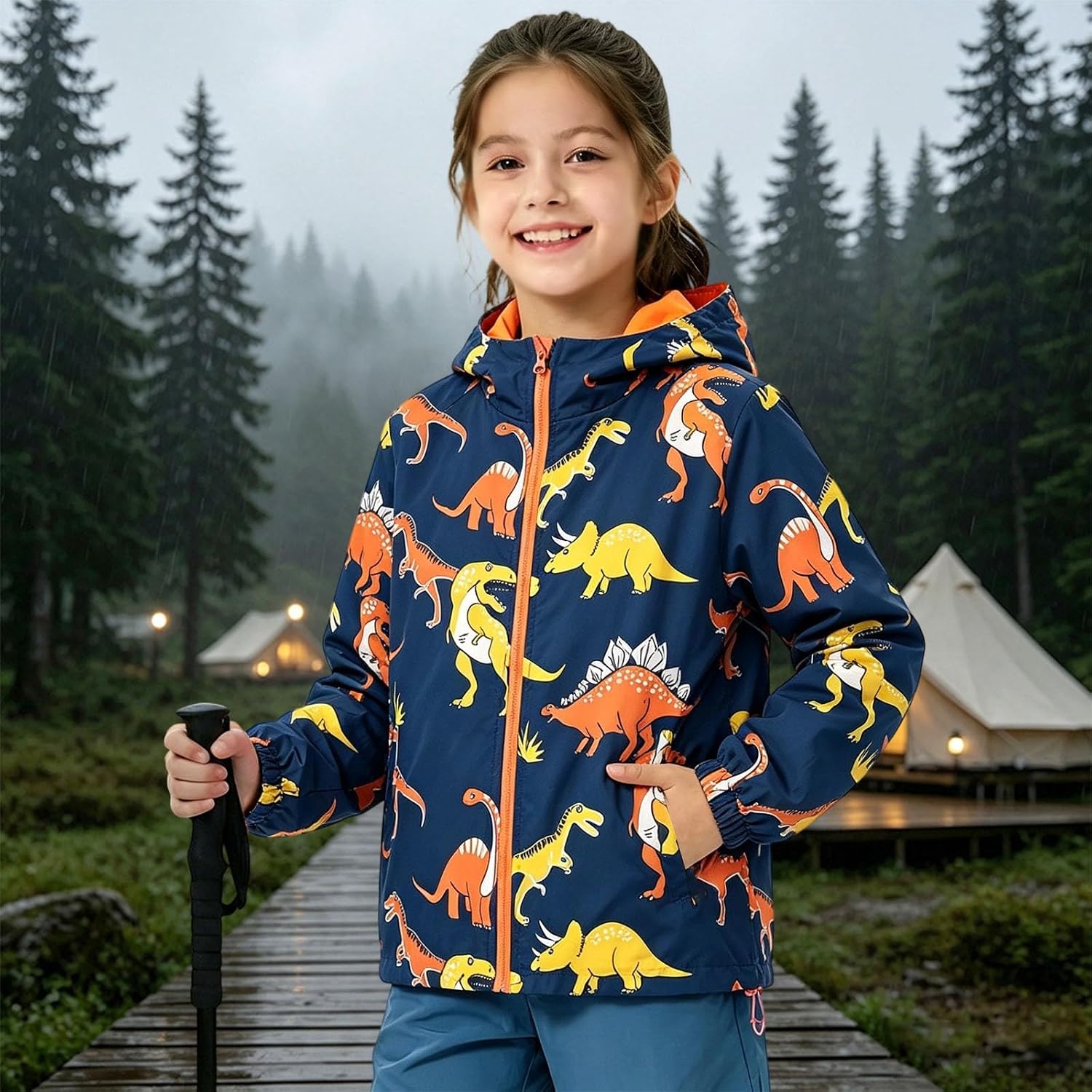 Kids Rain Jacket Cute Dinosaur Windbreaker Fleece Lined Hooded Raincoat | Boys Girls Zipper Waterproof School Coat Casual Water Resistant Hiking Travel Outdoor Clothes