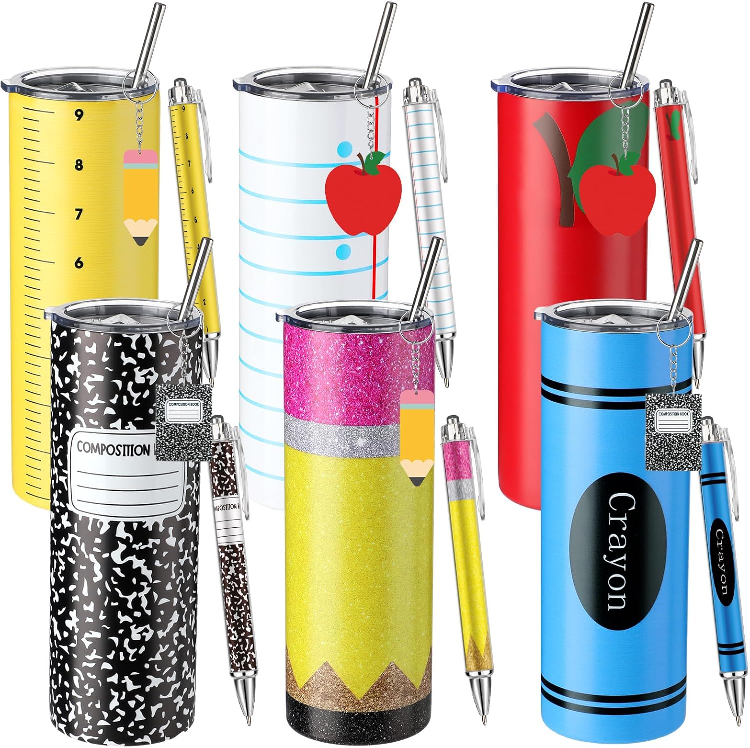 Skylety 18 Pcs/ 6 Sets Teacher Appreciation Gift Bulk Cute Teacher Gifts 20 oz Stainless Steel Tumbler Keychain Ballpoint Set for Graduation End of Year Educator (Vivid Stationery Style)