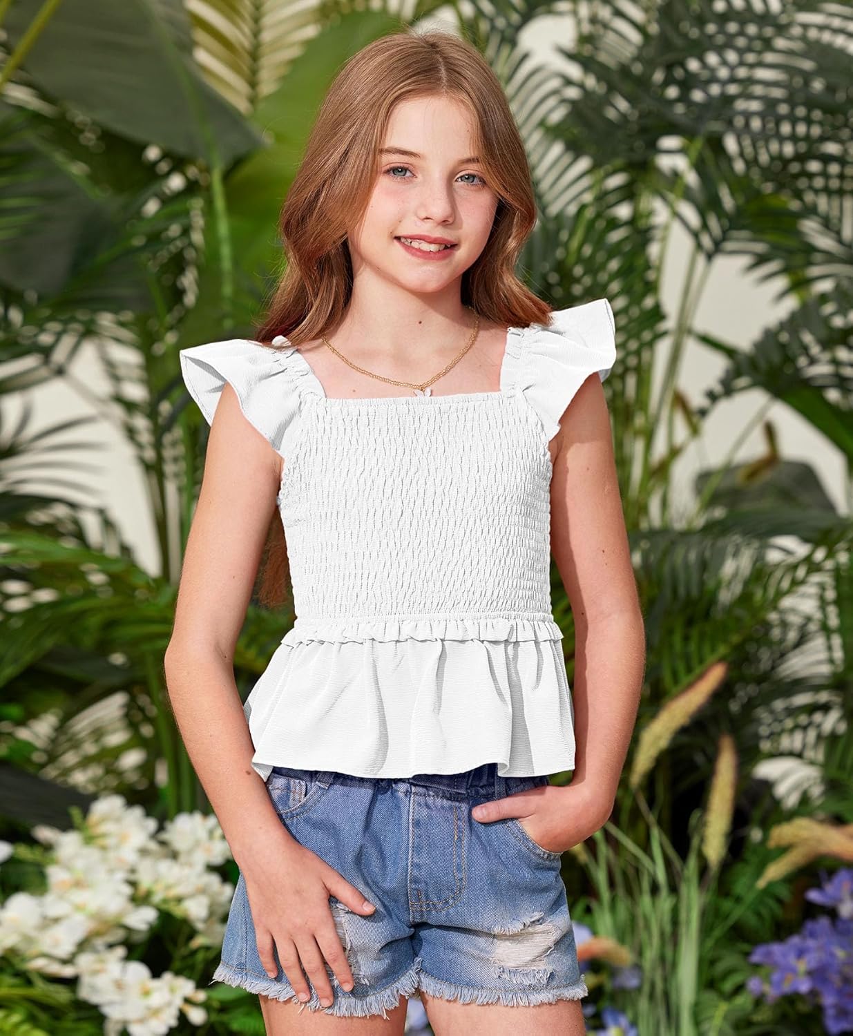 BesserBay Girls Summer Ruffle Cap Sleeve Square Neck Tank Top Peplum Hem Smocked Cute Babydoll Blouse 5-14 Years - Image 3