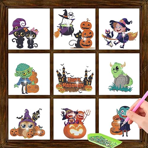 10 calcomanías de diamante para ventana de Halloween, kits de calcomanías de arte para ventana de vidrio, Halloween, manualidades, para adultos,