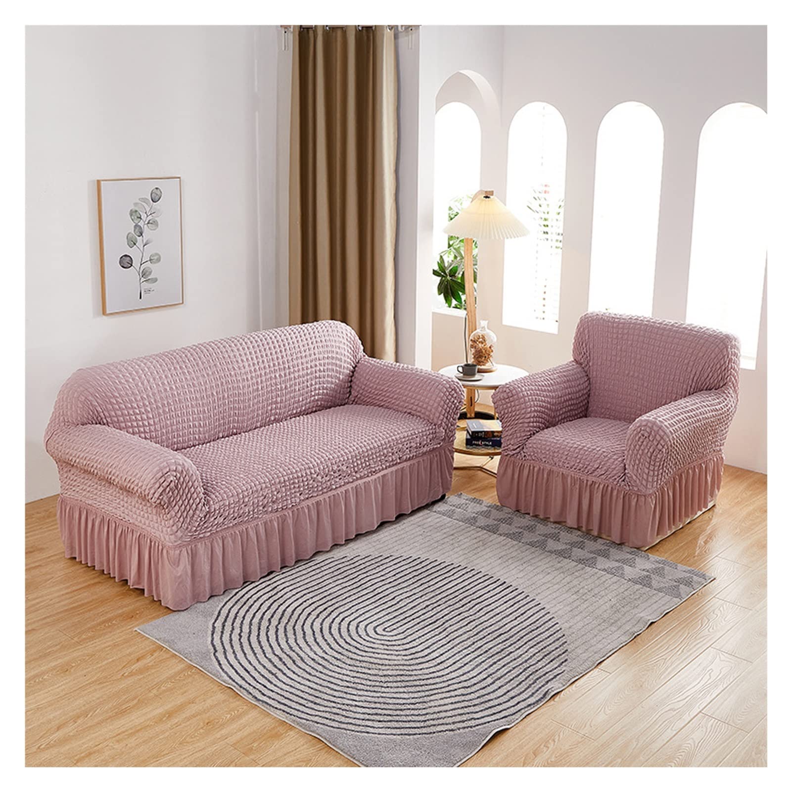 Elastic L Shape Sofa Cover with Skirt Anti Scratch Couch Cushion Covers Adjustable 1/2/3/4 Seats Sofa Slipcover for Living Room Pink