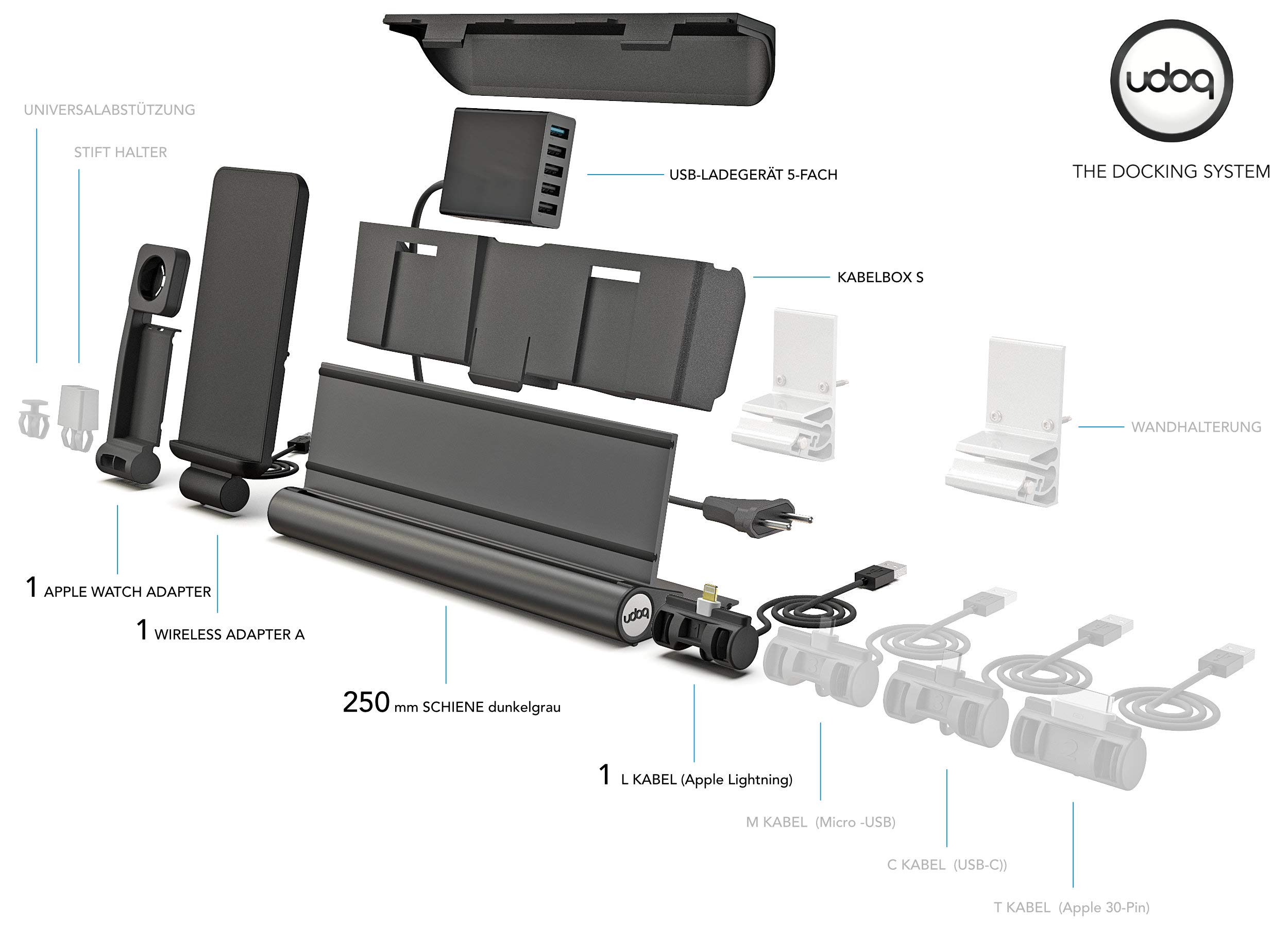 udoq 250 Ladestation für iPhone AirPods und Watch, mit Power Delivery Charger, solides Aluminium, deutsches Funktionsdesign, Dunkelgrau