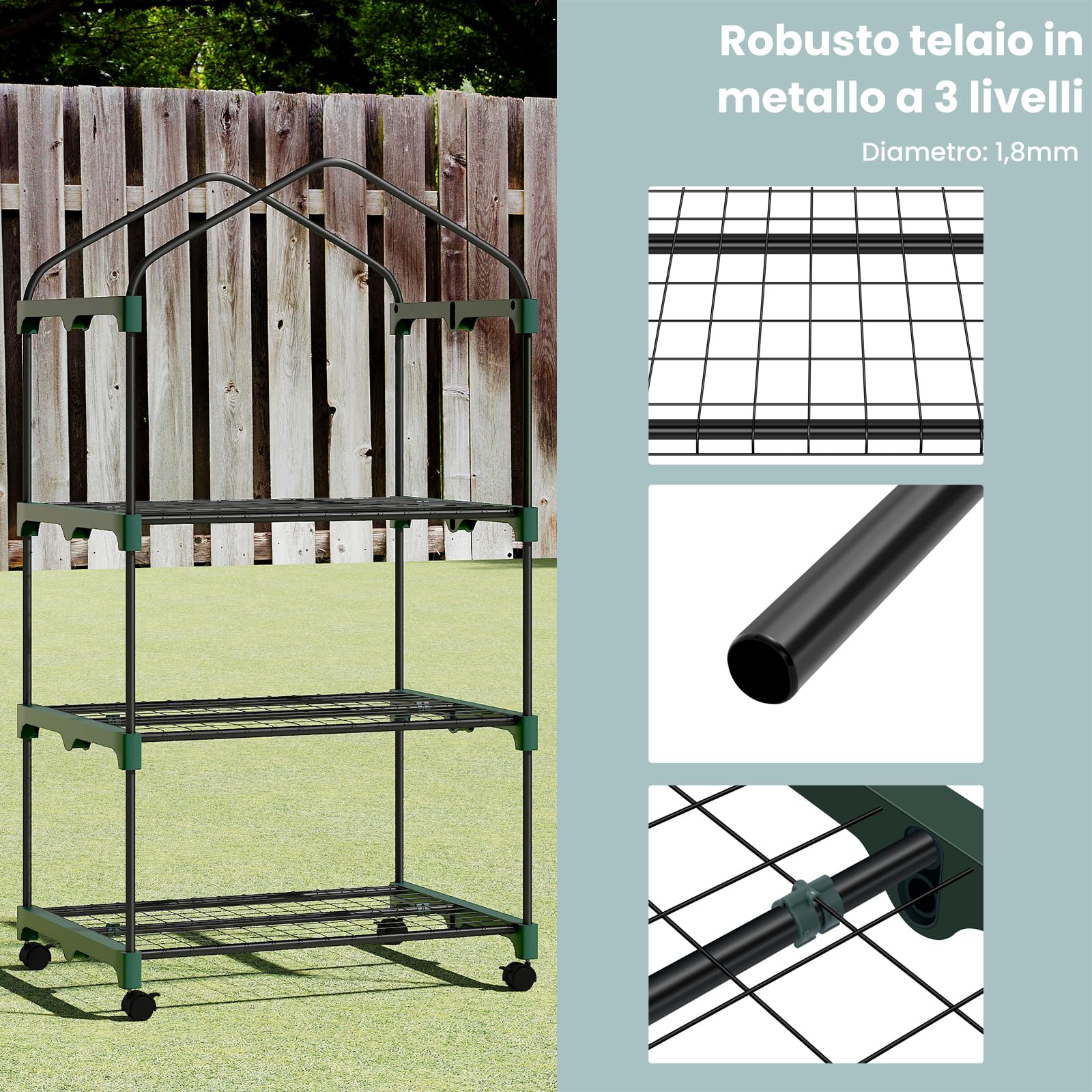 WOLTU Serra da Giardino, con Ruote, Serra da Balcone, 70x50x131 cm, Copertura in PE 140 g/m², Porta a Zip Avvolgibile, per Svernamento con 3/4 Ripiani, per Interni ed Esterni, Bianco