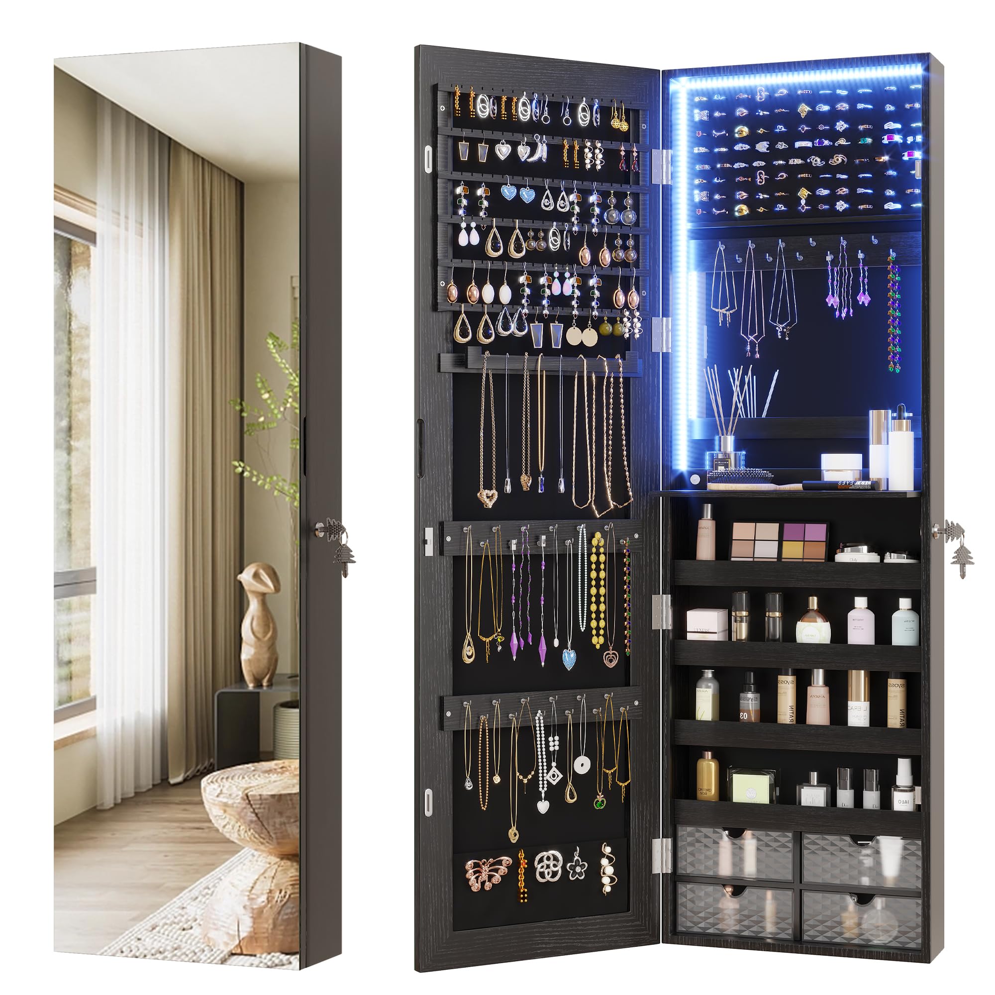Vlsrka 47.2" LED Jewelry Mirror Cabinet, Wall/Door Mounted Hanging Jewelry Armoire Organizer with Full-Length Mirror, Large Storage Cabinet, 4 Drawers, 5 Shelves, Built-in Lighted Mirror (Black)