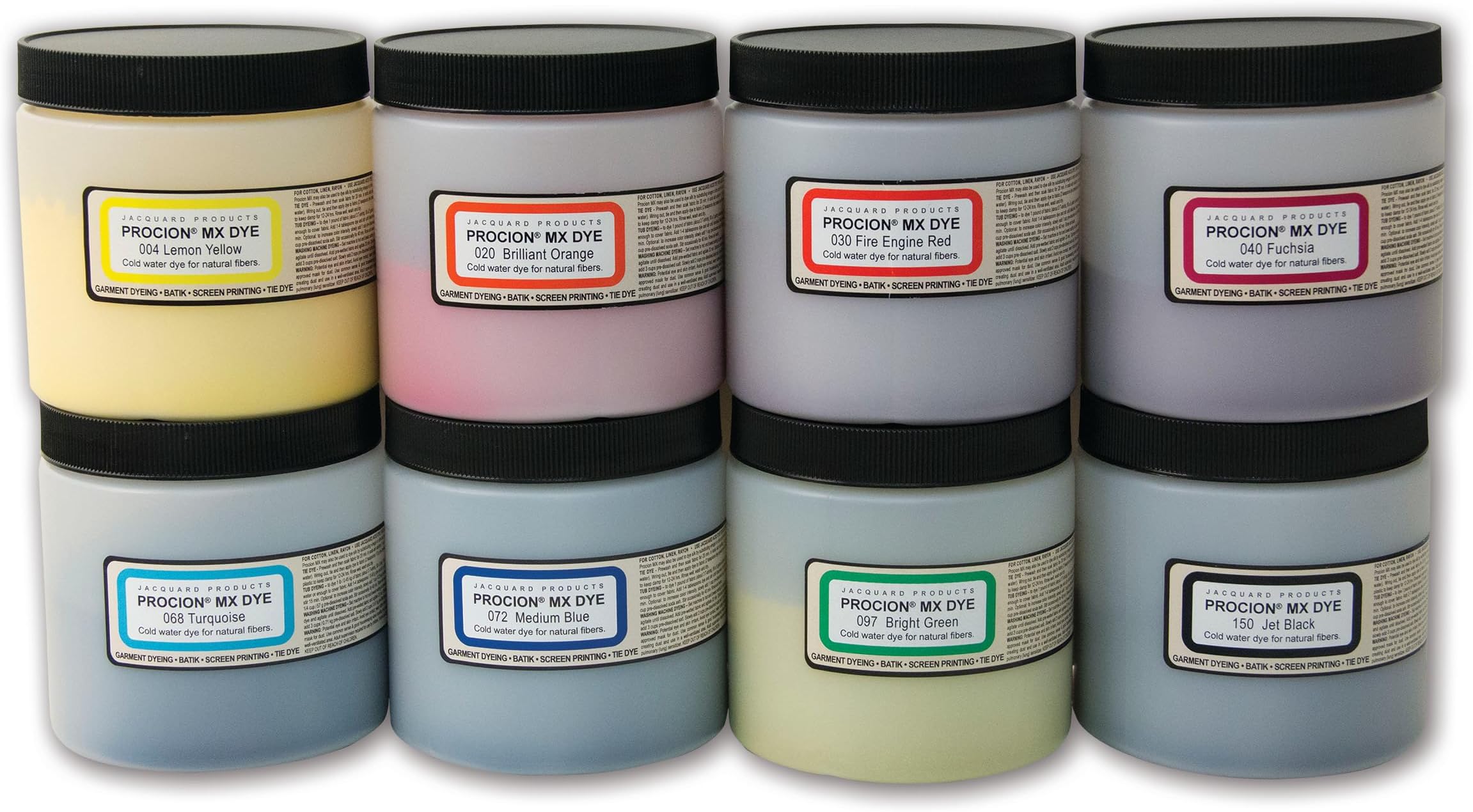 Procion Cold Water Dye Powder, 8-oz. Bulk Jars, for Tie-Dye, Batik, Ice Dyeing, Non-Toxic. Pack of 8.