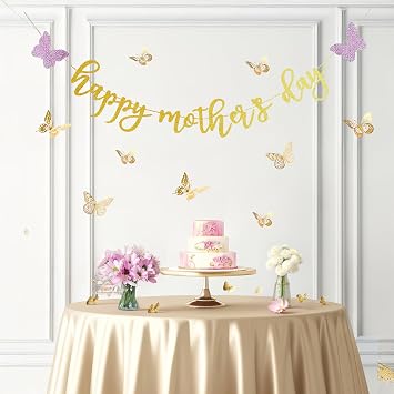 Happy Mothers Day Banner Gold Glitter Banner With 12Pcs Gold Butterfly Decorations for Mothers Day Party Decorations Moms Day Background Party supplies