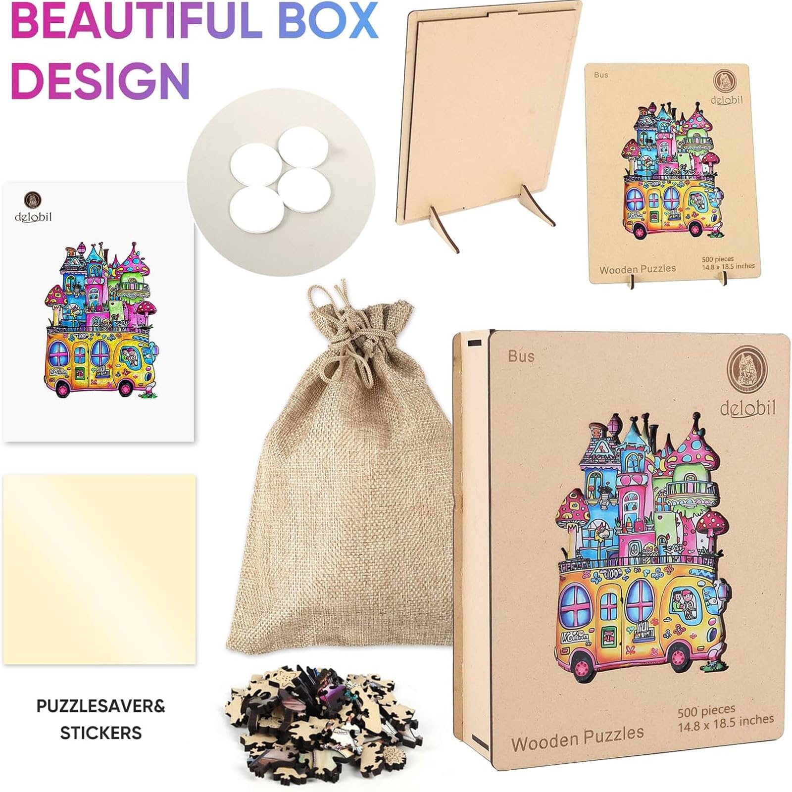 delobil Casse-tête en bois pour adultes, puzzle de voiture de 500 pièces, forme unique de bus scolaire pour adultes et enfants, casse-tête amusant pour la maison, cadeau de famille, 58,1 x 33,2 cm