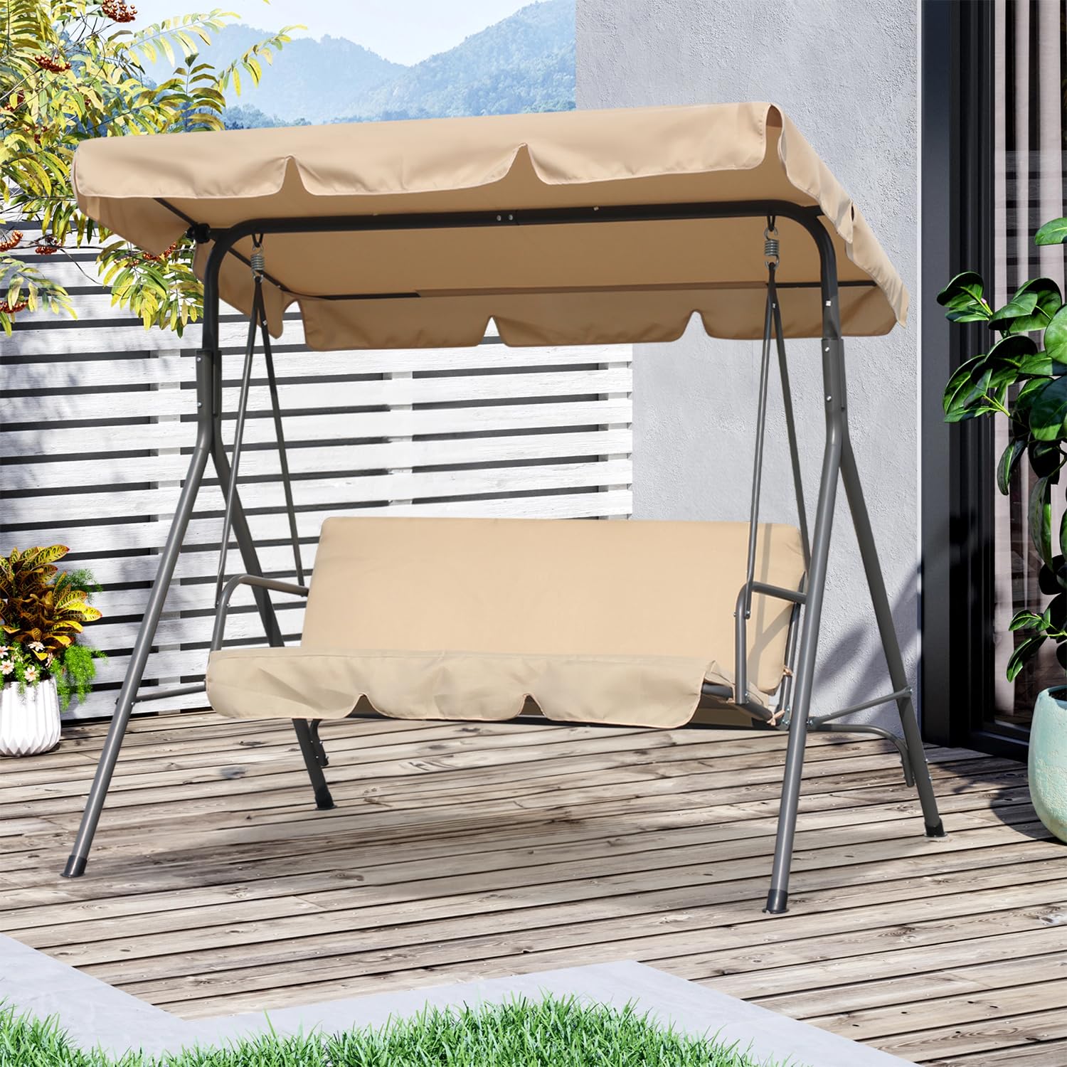 Angel Living Balançoire de Jardin en Métal avec Parasol Balançoire 3 Places avec Coussin Ajustable et Plafond pour Terrasse, Balcon Extérieur, Acier, Max. 240 kg - 169x110x151cm (Beige)