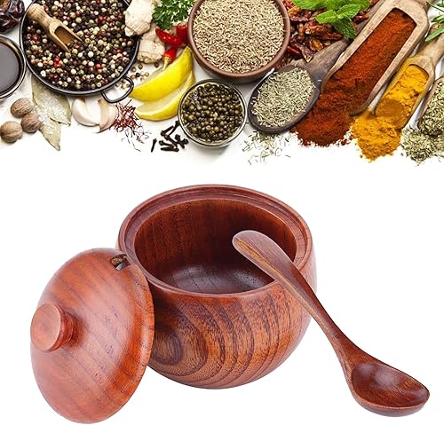 Miniatura 6 de Olla de especias de madera, bodega de sal de madera natural con tapa y cuchara, contenedor de azúcar, tarro de especias vintage, recipiente de