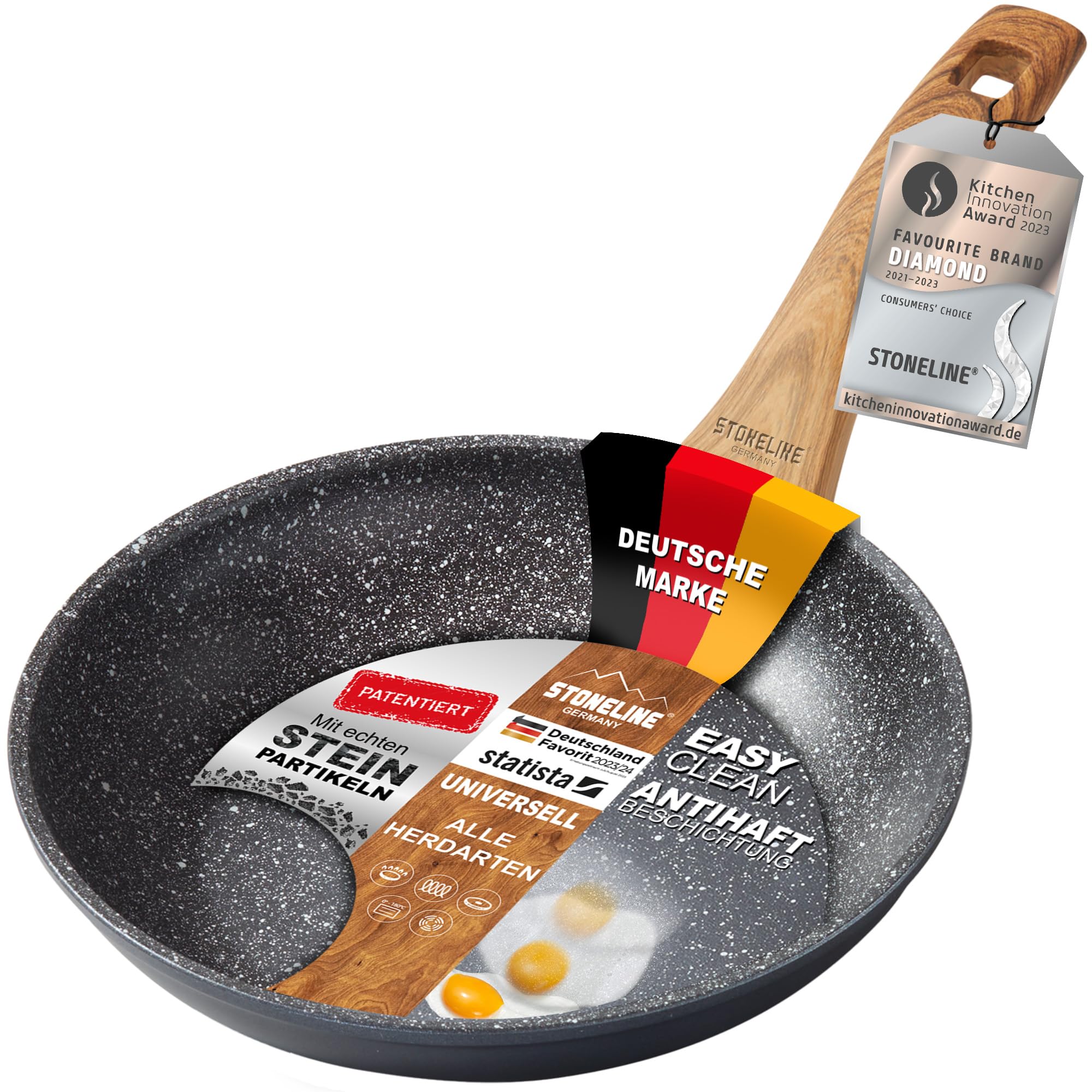 STONELINE BACK TO NATURE Sartén Antiadherente 20 cm Efecto Madera Sartén Inducción MADE IN GERMANY Revestimiento Antiadherente con Partículas de Piedra Reales, Todo Tipo de Cocinas, Cocinar Sin Grasa
