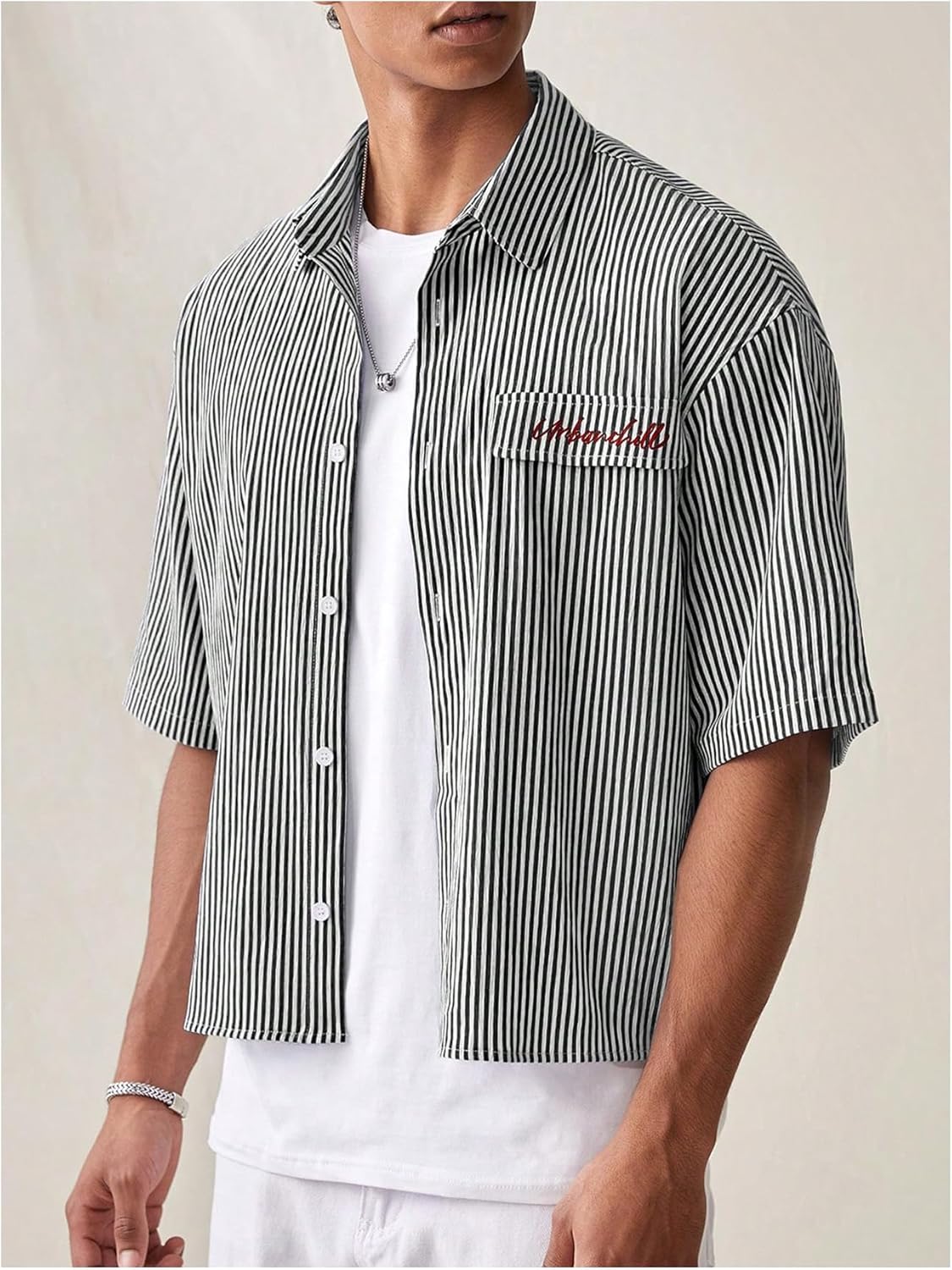 GORGLITTER Men's Striped Button Down Up Cropped T Shirt Short Sleeve Letter Summer Vacation Shirts Boxy Tees Streetwear - Image 4