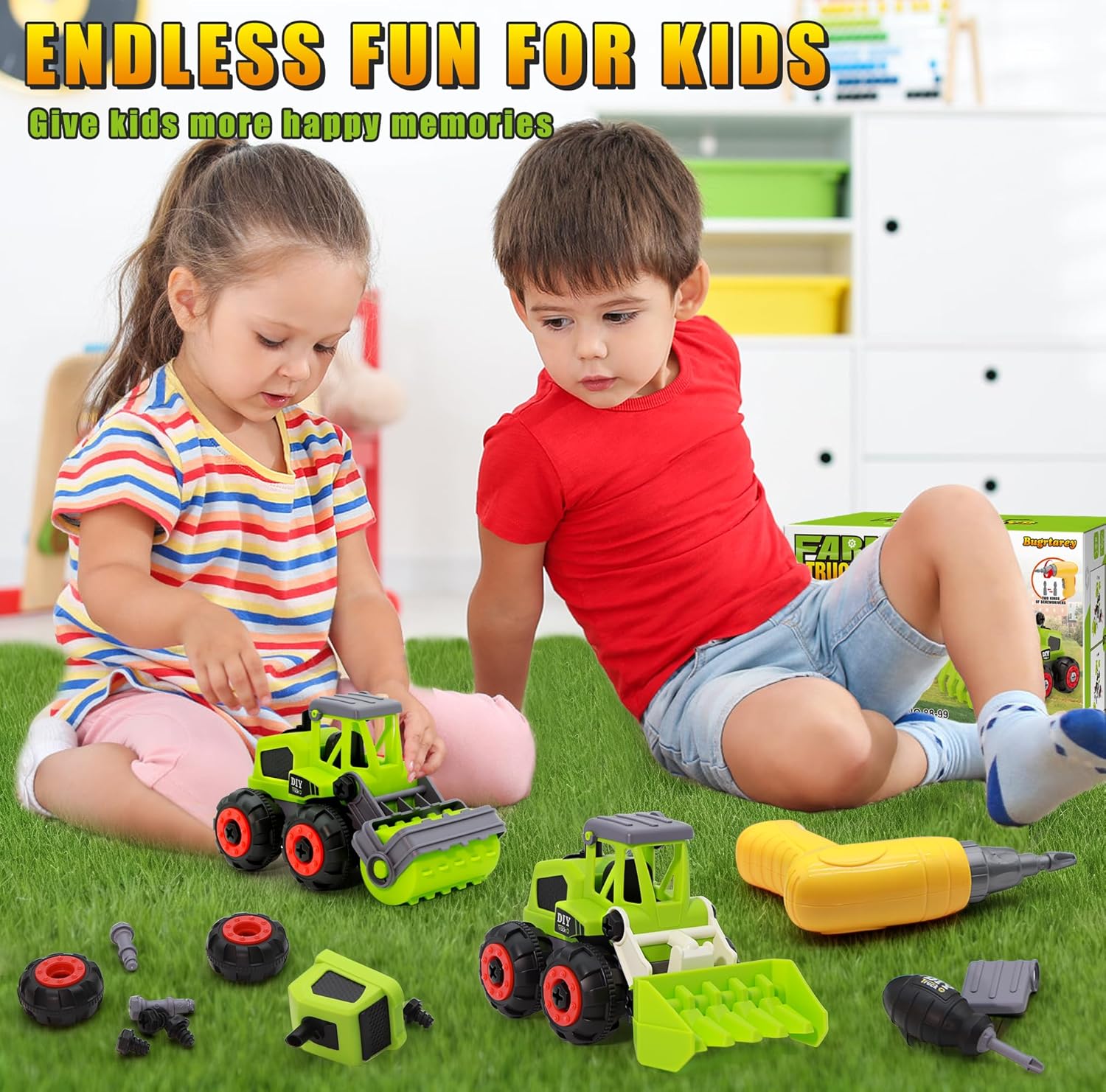Take Apart Farm Trucks Toys for Kids Boys, DIY STEM Building Construction Toys with Electric Drill & Color Box, Gift for Boys Girls Toddlers Birthday