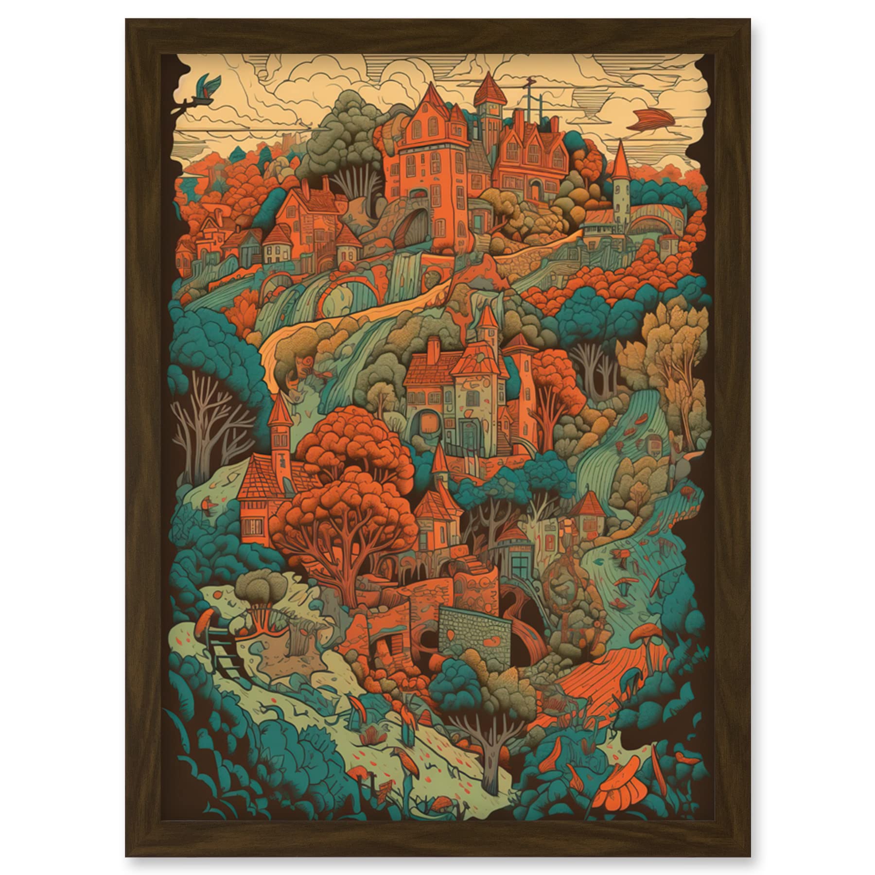 Artery8 Village in Forest Coral and Teal Blue Illustration Artwork Framed Wall Art Print A4