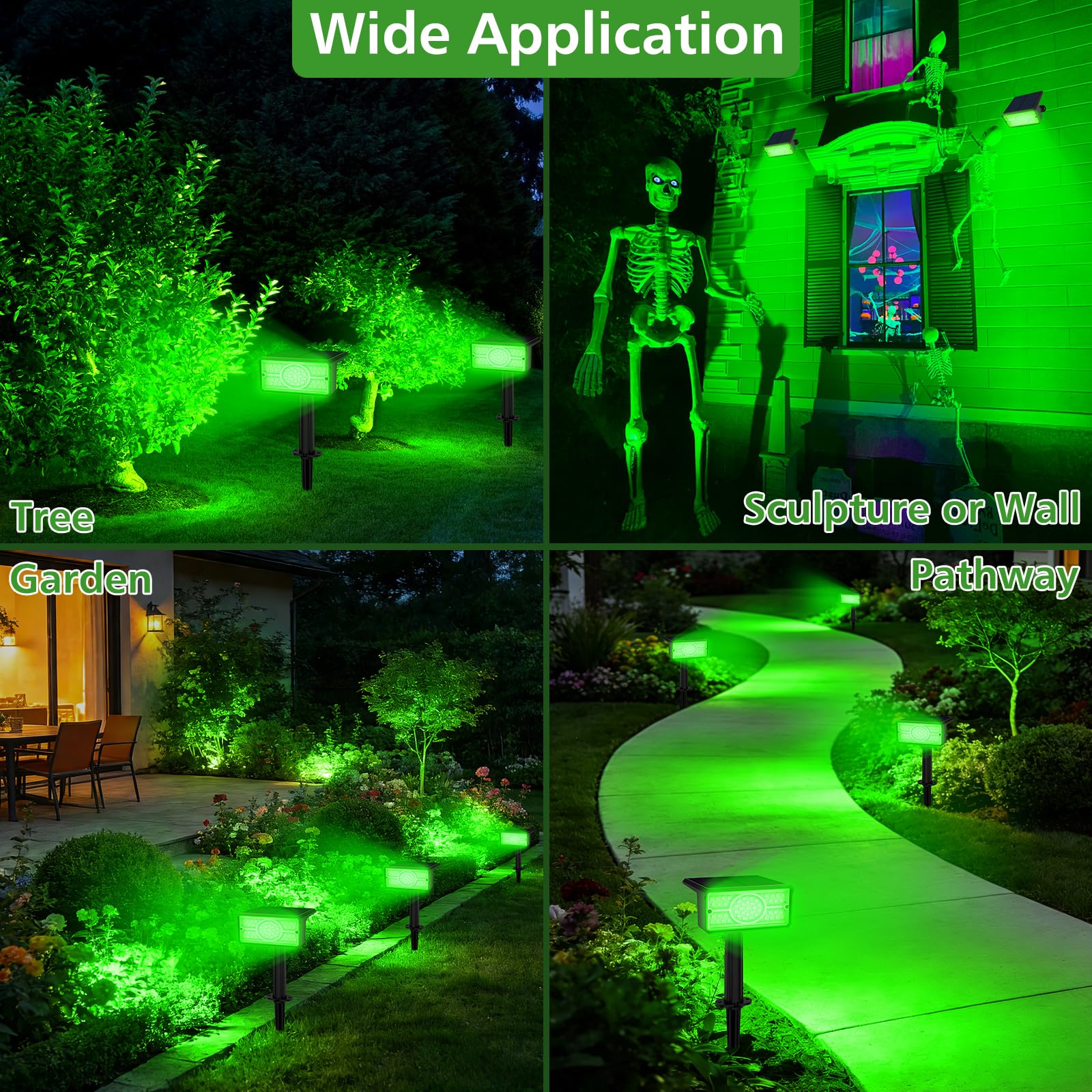 T-SUNUS Focos solares verdes para exteriores, luces solares de jardín impermeables, 2 modos brillantes, luces de seguridad, luz de paisaje de Navidad para jardín, árbol, patio, césped, escaleras